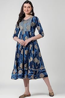MIRCHI FASHION Women's Cotton Relaxed Fit A Line Sequins Embroidery Work Foil Printed A-Line Kurti Only