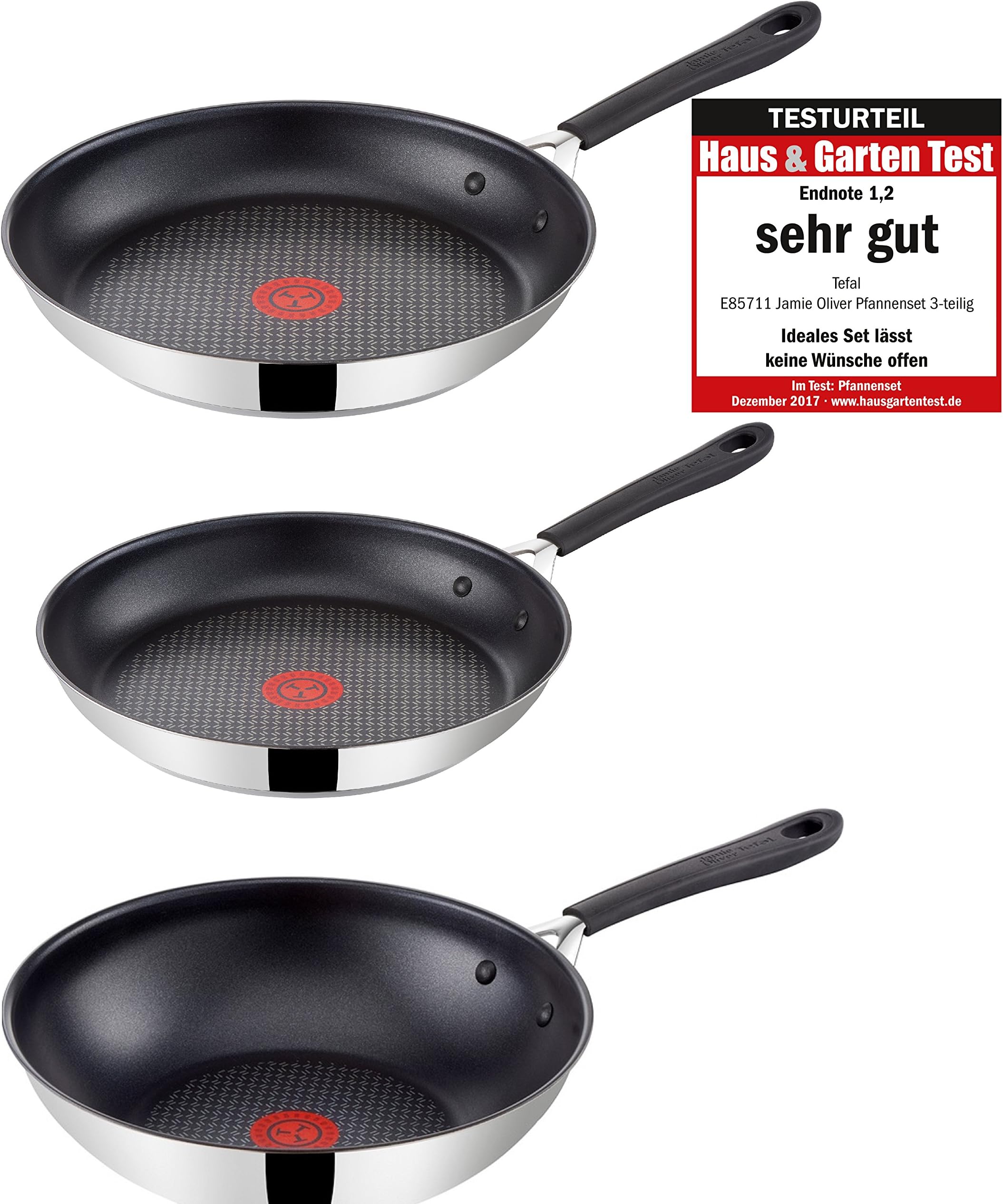 Tefal E85711 Jamie Oliver Pan set 3 pieces, 24 and 28 cm pan, 28 cm wok pan, pans with non stick, induction suitable, stainless steel frying pans, incl. 3 cups made of felt 38 cm