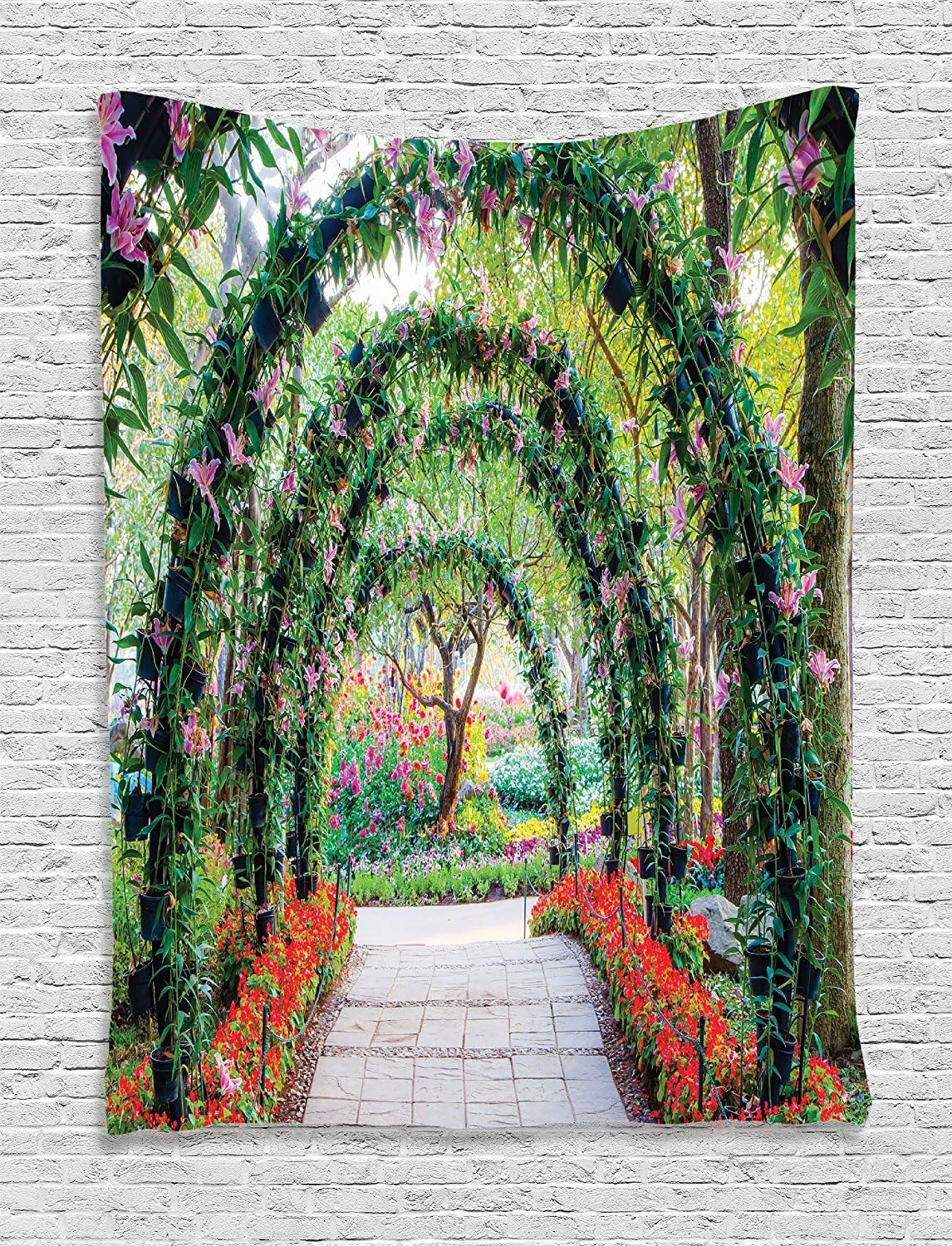 Ambesonne Garden Tapestry, Flower Arches Pathway in Ornamental Plants Greenery Romantic Picture, Wall Hanging for Bedroom Living Room Dorm Decor, 60" X 80", Green Red