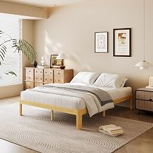 12 Inch Queen Size Wood Bed Frame with Storage & Round Leg | Mid-century Platform Bed with Storage & Heavy-duty Support. No Box Spring, Natural Finish, Easy Assembly, Fits Any Room