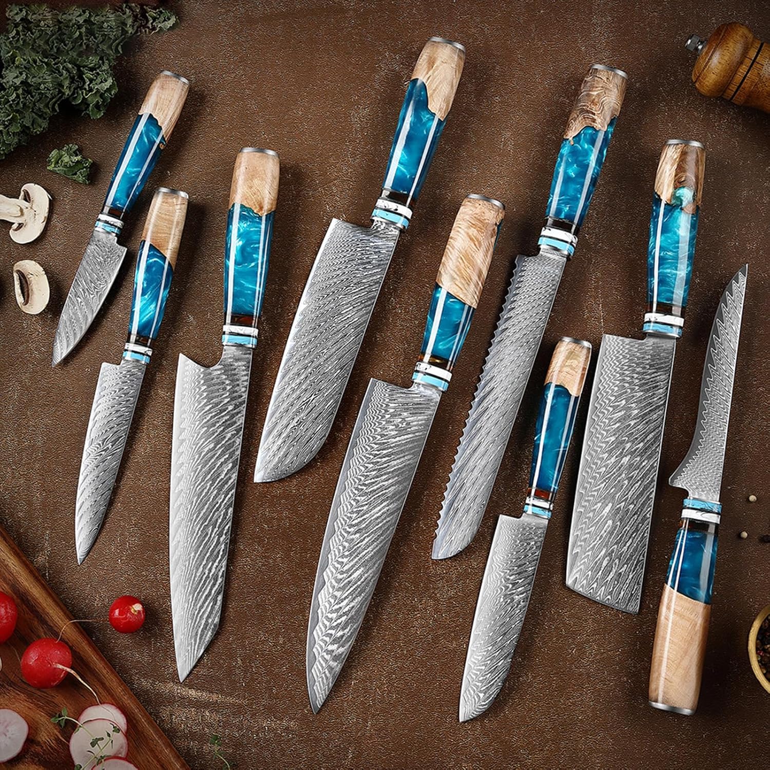 Knife Set 9-Piece Kitchen Utensils Set Professional German Damascus Steel Wood Resin Handle for Kitchen Accessories for Chopping