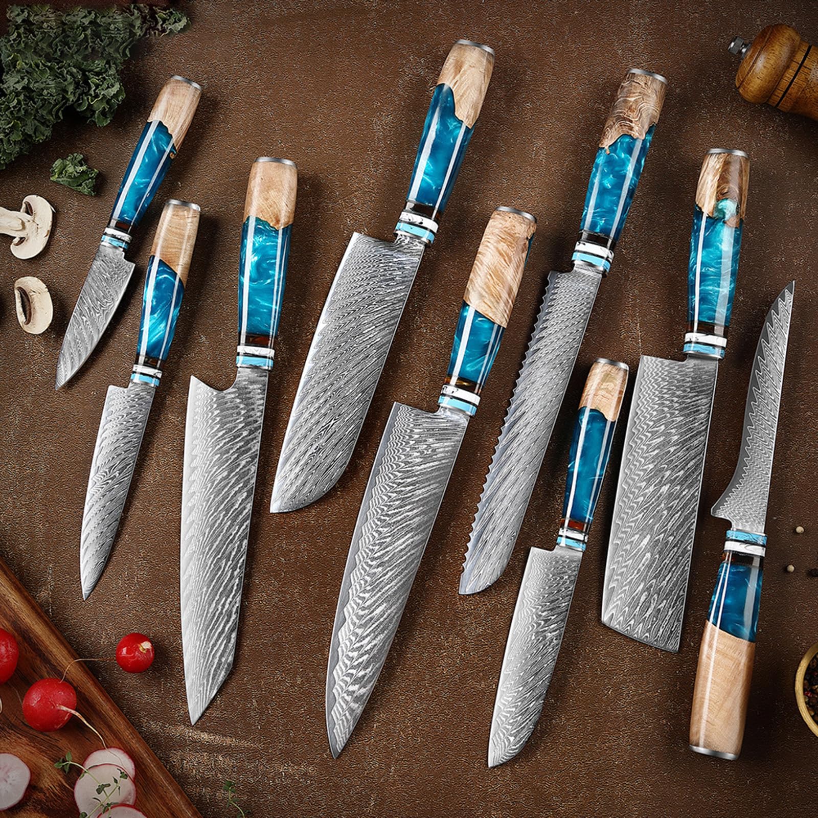 Knife Set 9-Piece Kitchen Utensils Set Professional German Damascus Steel Wood Resin Handle for Kitchen Accessories for Chopping