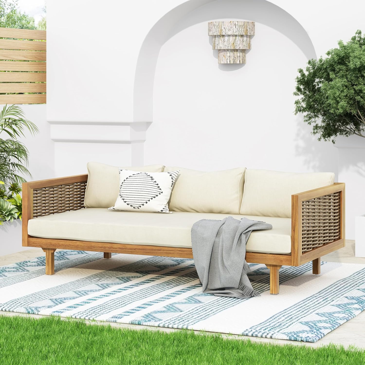 Merax Outdoor Acacia Wood Conversation Set - Patio 3-Seat Loveseat Sofa w/Coushion and Round Coffee Table for Backyard, Lawn, Balcony, Teak+Beige/Light Teak