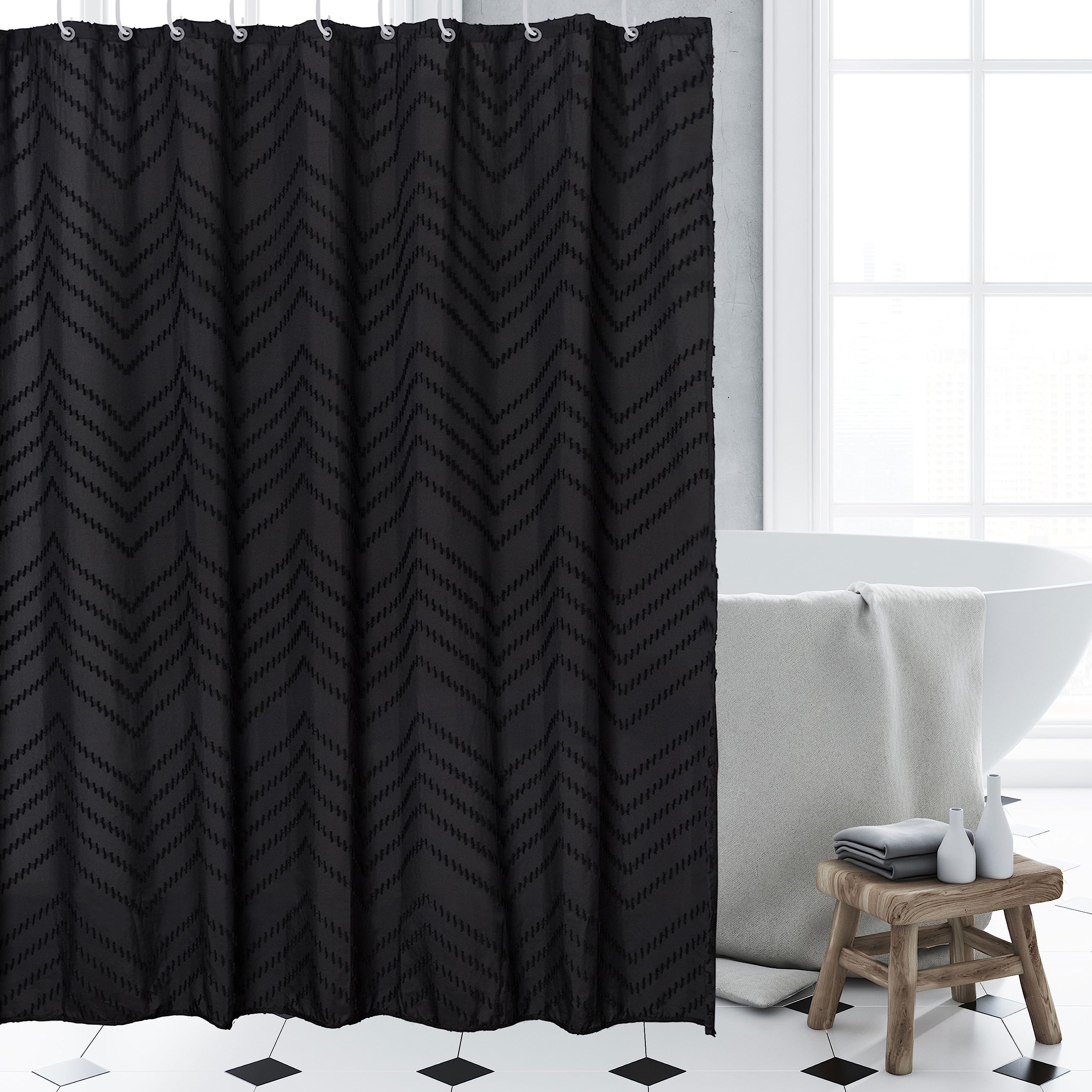 Black Boho Shower Curtain Woven Fabric Shower Curtain 72' x 72' Modern Farmhouse Tufted Textured Striped Minimalist Bathroom Shower Curtain, Chevron Shower Curtain