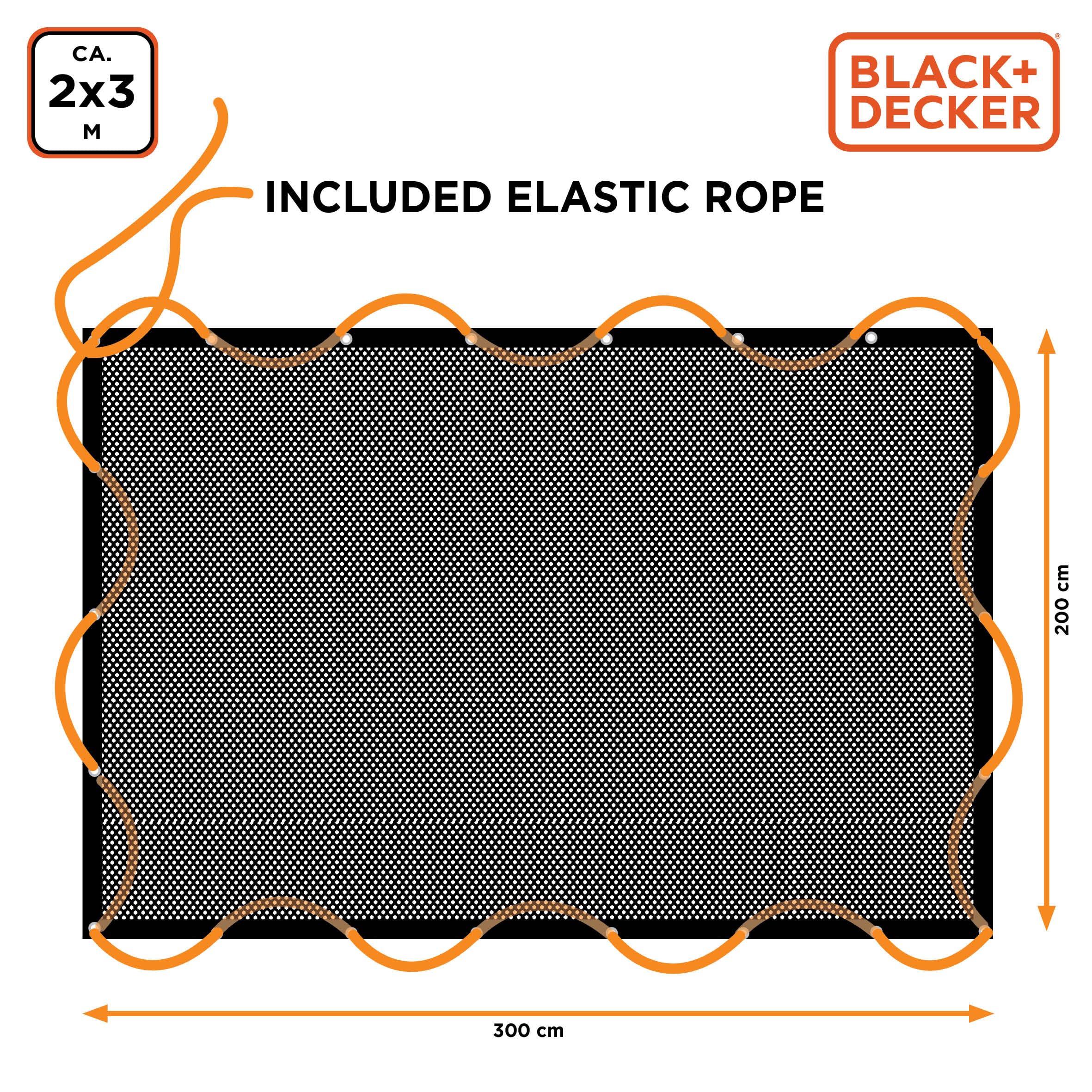 Black+Decker Siatka na przyczepę – 2 x 3 m – rozciągliwa gumka 8 mm – z torbą do przechowywania – czarna