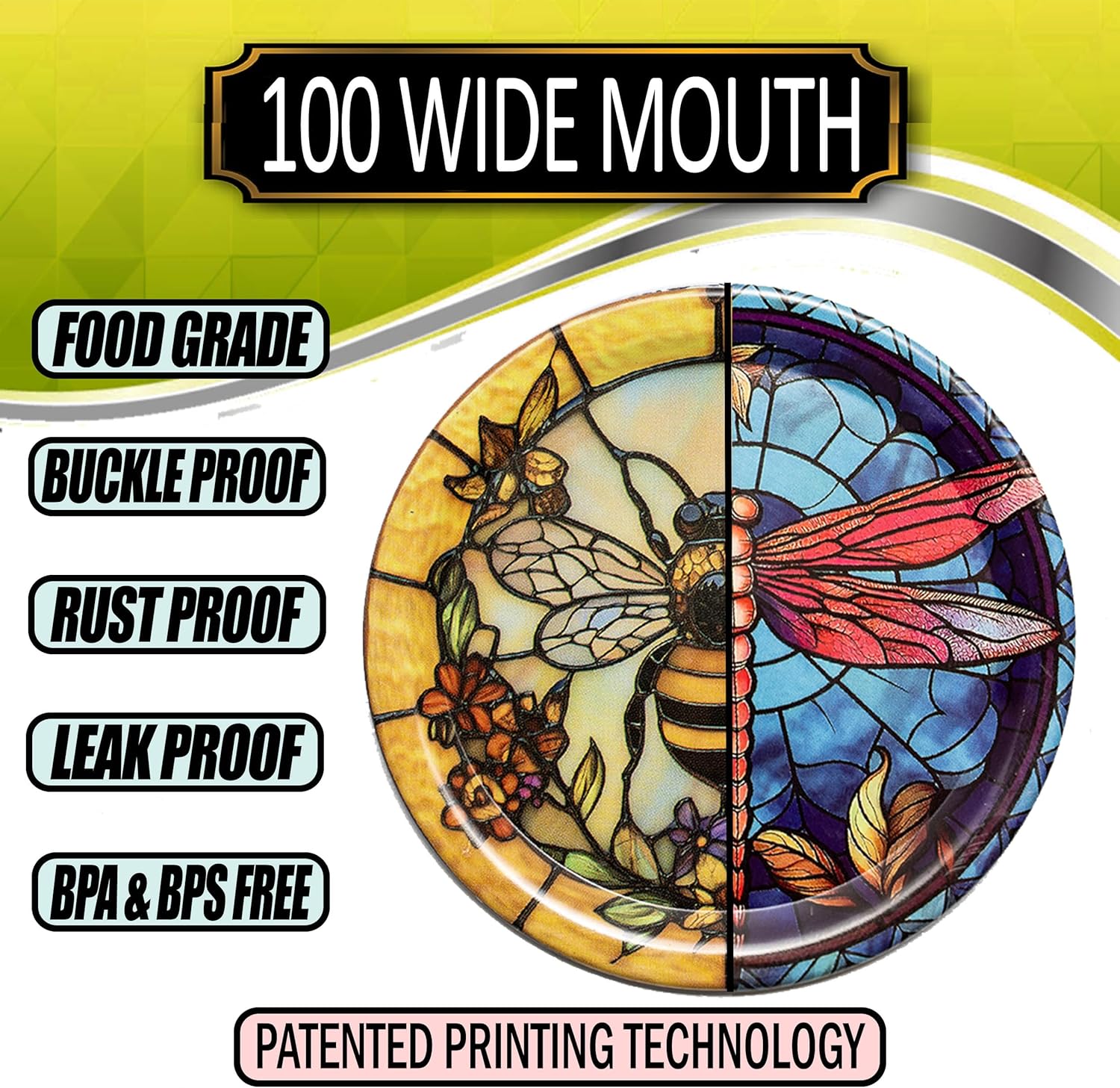 Supa Ant Wide Mouth Canning Lids (100pcs) Decorative Tin Canning Lids Wide Mouth (Glass Window) Buckle Proof and Rust Proof - Perfect Fit Can Lid for Mason Jars Canning Supplies - Mason Jar Lids