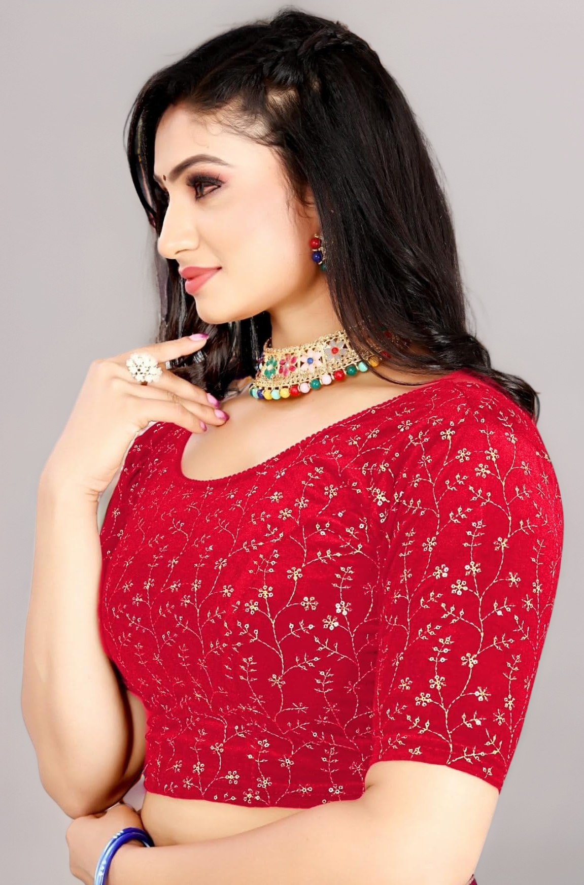 PU Fashion Blouse Stylish Golden Embroidery Work Blouse Stretchable Velvet Blouse New 2024 Collection Women's Saree Blouse