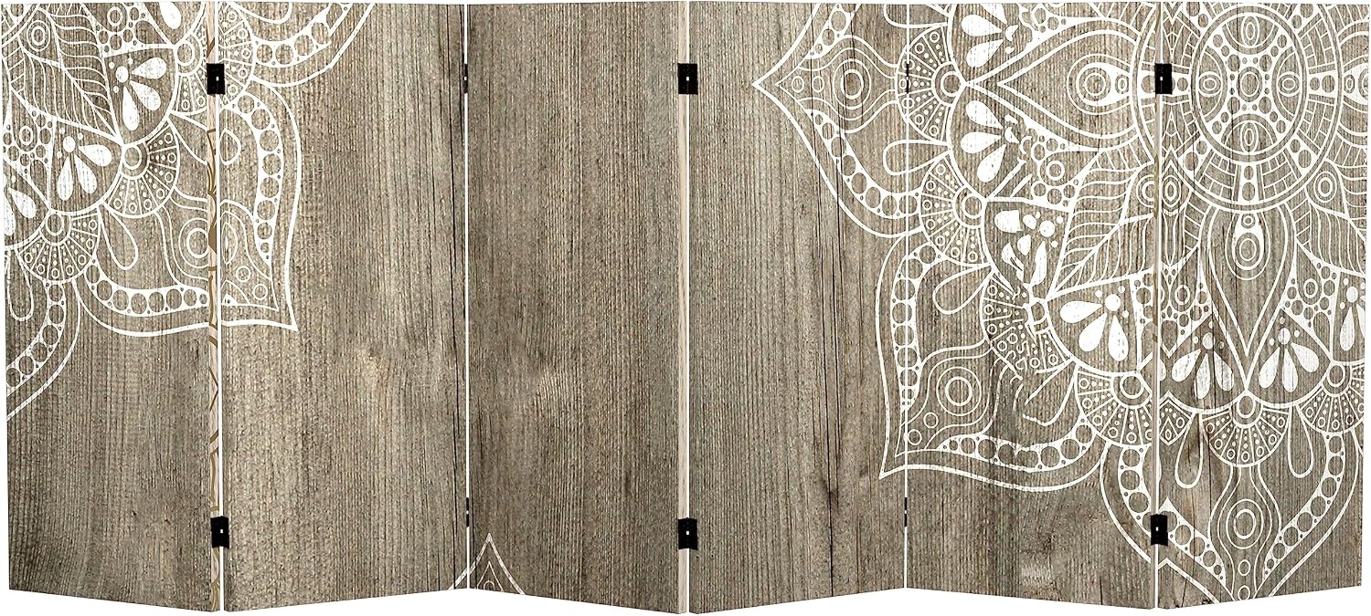 Red Lantern 3 ft. Short Double Sided Mandala on Oak Canvas Folding Screen 6 Panel Freestanding Partition and Separator for Modern and Contemporary Bedroom, Home Office, Studio, Dorm, Apartment image 4