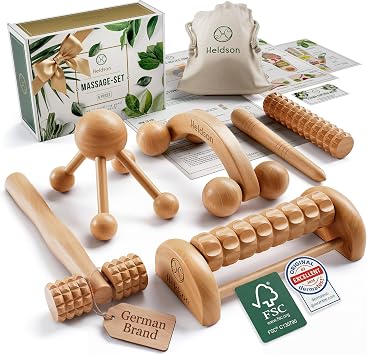 HELDSON Wooden Therapy Massage Tools [6 Pieces] - Wood Rollers for Body Sculpting - Lymphatic Drainage Massager - Cellulite Tool - Maderoterapia Kit - Back Rolling Stick - Wellness Gifts Women, Men