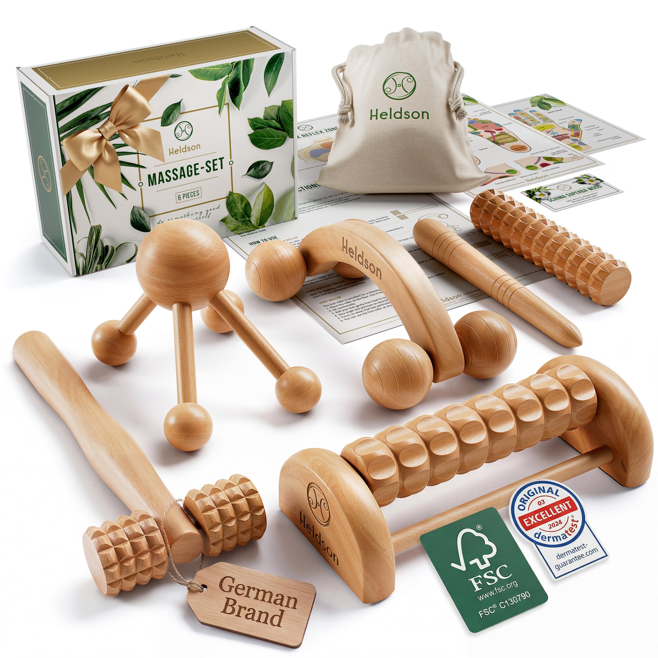 HELDSON® FSC® - Set de masaje premium de madera (6 piezas) 100% – Diversos masajeadores y rodillos de masaje – Masaje de pies, masaje de cabeza, empujador de puntos gatillo – Herramientas de terapia