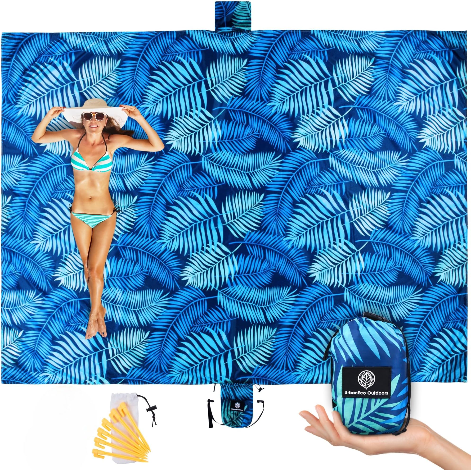 Lightweight Beach Blanket - Oversized 107" x 77" - Waterproof Sandproof - Double Anchored for Fun Leisure Beach Blanket - with Stake and Pouch - Durable Sand Beach Mat