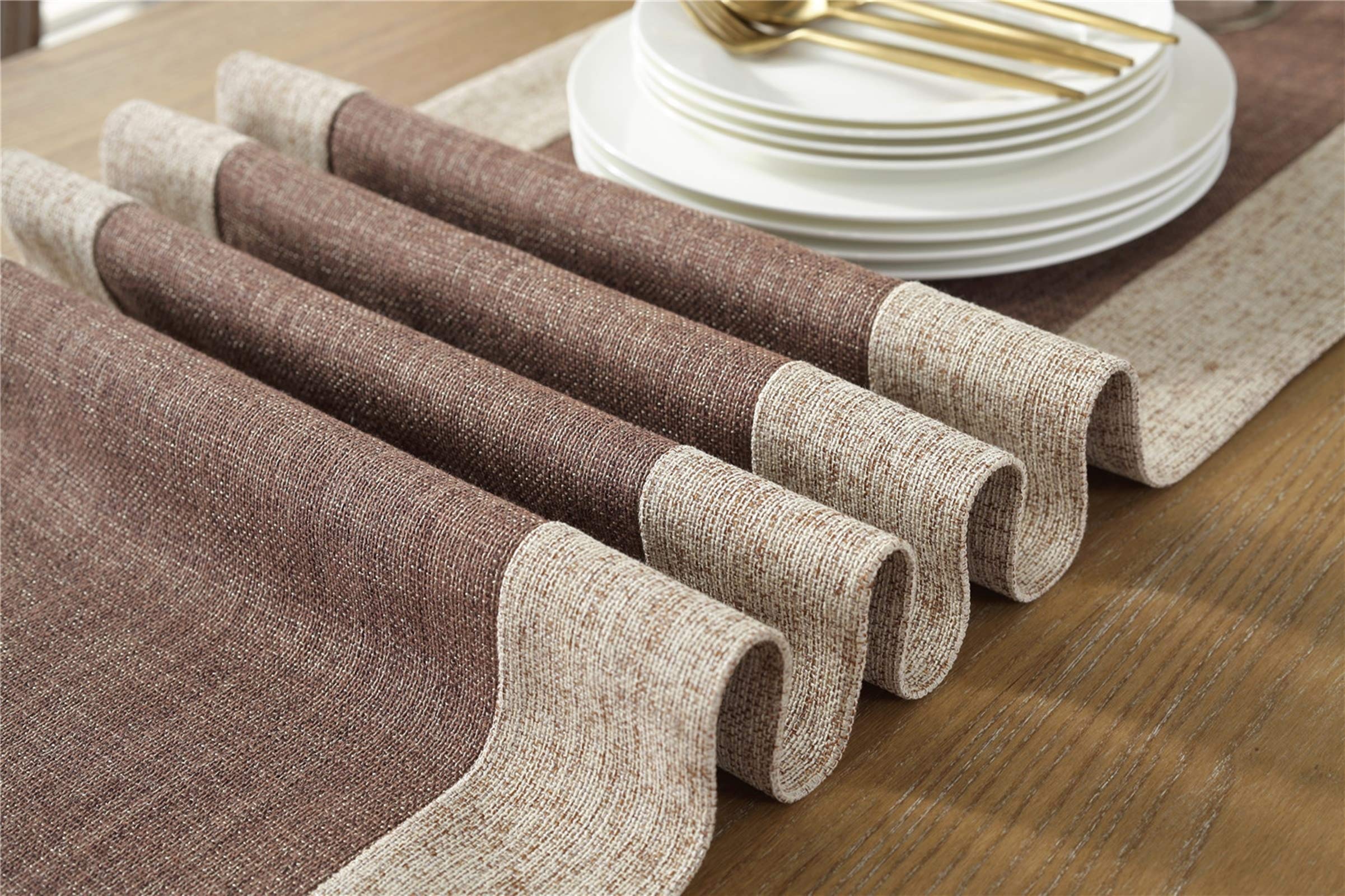 Tavola Runner Lino Cotone, Runner Cucina Marrone con Nappa Runner Da Tavola Lavabile, 38x220CM