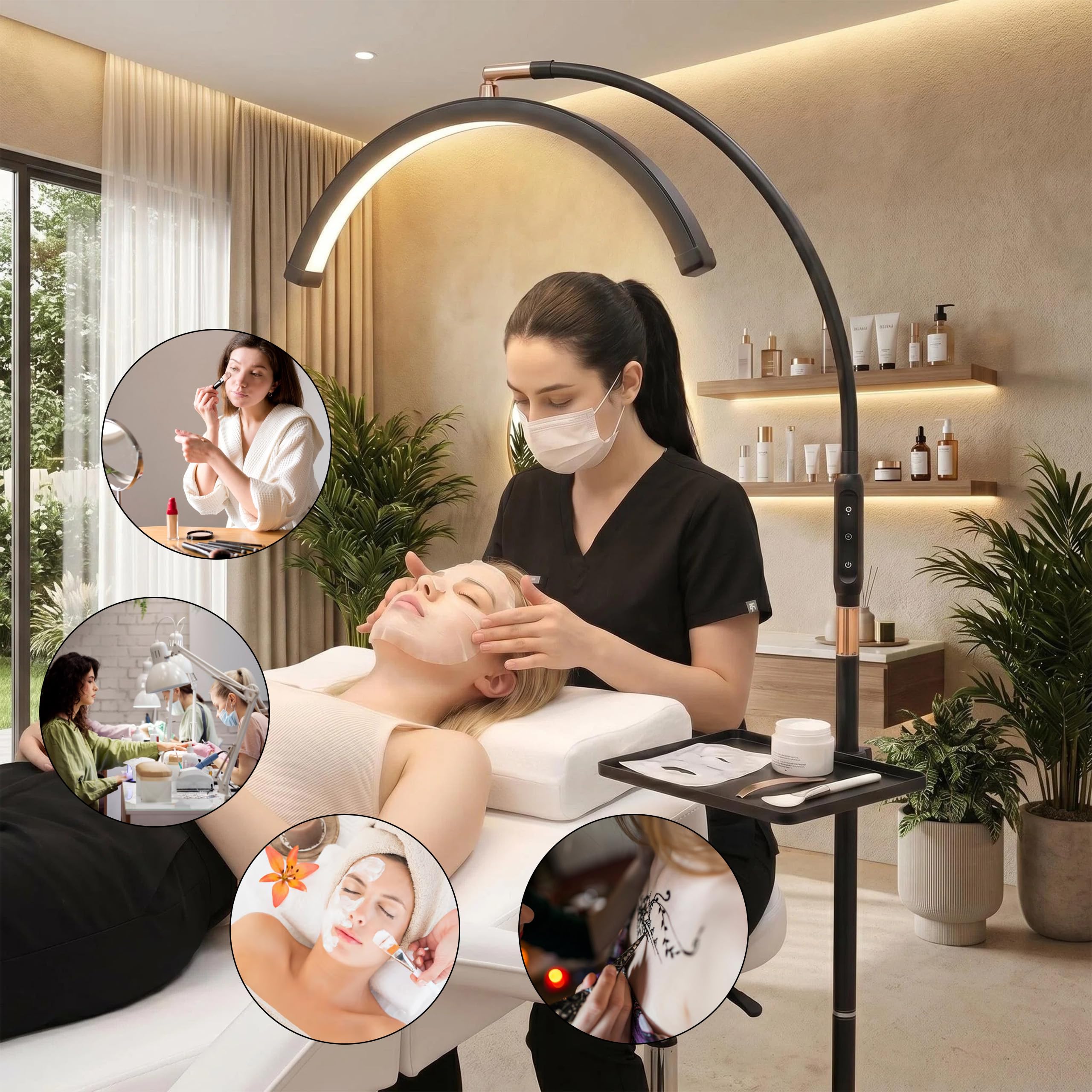 Halbmond Lampe Kosmetik, 320° Drehbarer Kosmetiklampe mit 3 Farbtemperaturen, Kosmetik Lampe Stehend, Höhenverstellbar Wimpernlampe für Wimpernverlängerung Make-up Tattoos Nageldesign
