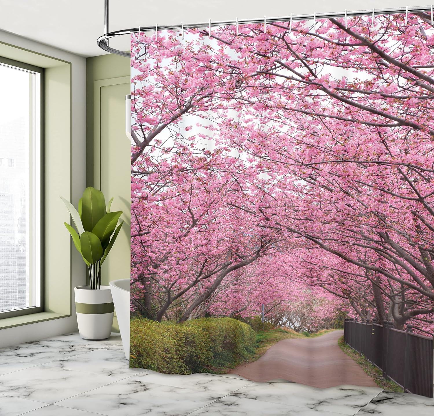 Ambesonne Nature Shower Curtain, Sakura Path Surreal Blooms in National Park Refreshing Spring Picture, Cloth Fabric Bathroom Decor Set with Hooks, 69" W x 70" L, Pink Olive Green Brown