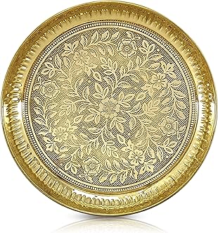 NOBILITY 8 Inch Brass Pooja Plate Pital Puja Set Arti Thali Traditional Handcrafted for Home Office Mandir Wedding Return Gift Items