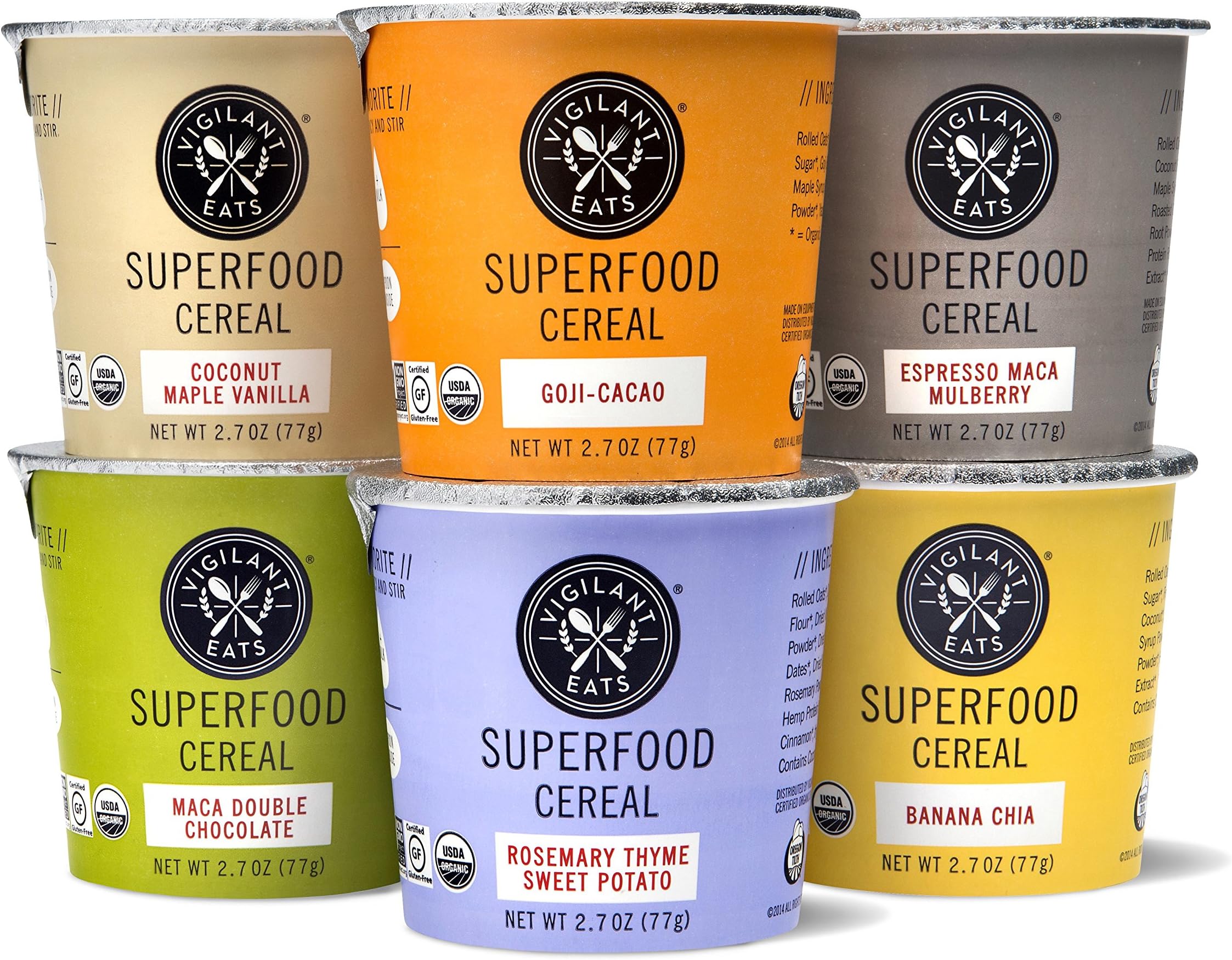 Vigilant Eats Superfood Cereal, Variety Pack, Pack of 6, Organic, Gluten Free, Vegan, Non GMO, Kosher, 2.3 oz Travel Cup