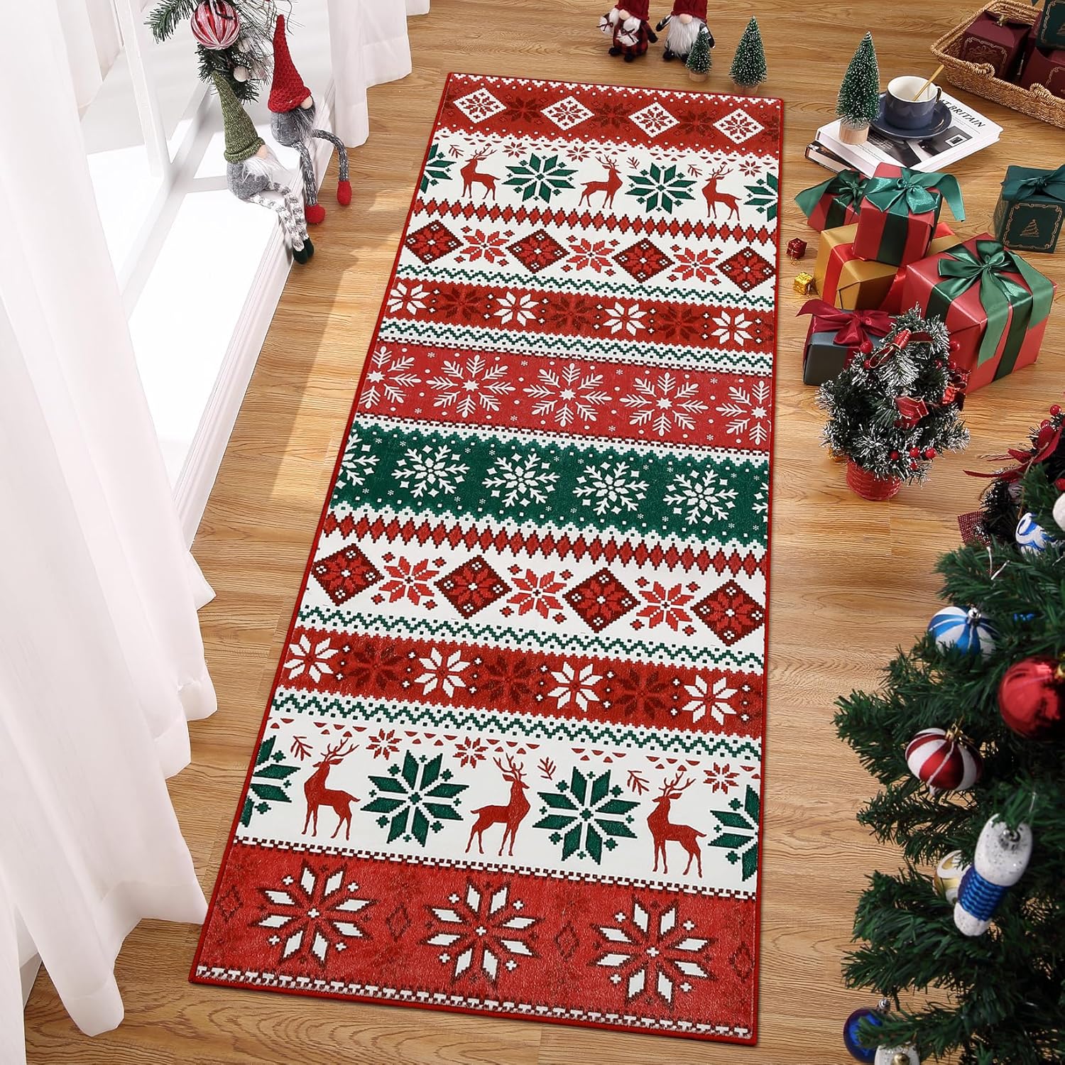 2x10 Christmas Runner Rug for Hallway, Washable Non Slip Stain Resistant Kitchen Rugs Indoor Farmhouse Low Pile Carpet Runner for Bedside Entryway Home Decor, Red