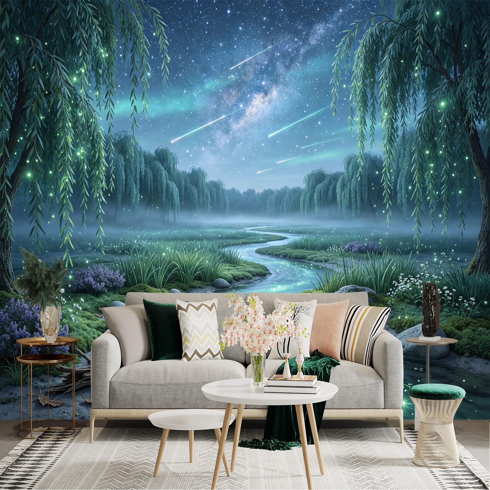 Lnzczhyre Bh260719222 Custom Size Wall Sticker Mural， Enchanted Willow Stream， Glowing Fireflies， Magical Night Sky， Dreamy Landscape， For Wall Decoration， Peelandstick Wall Decals.