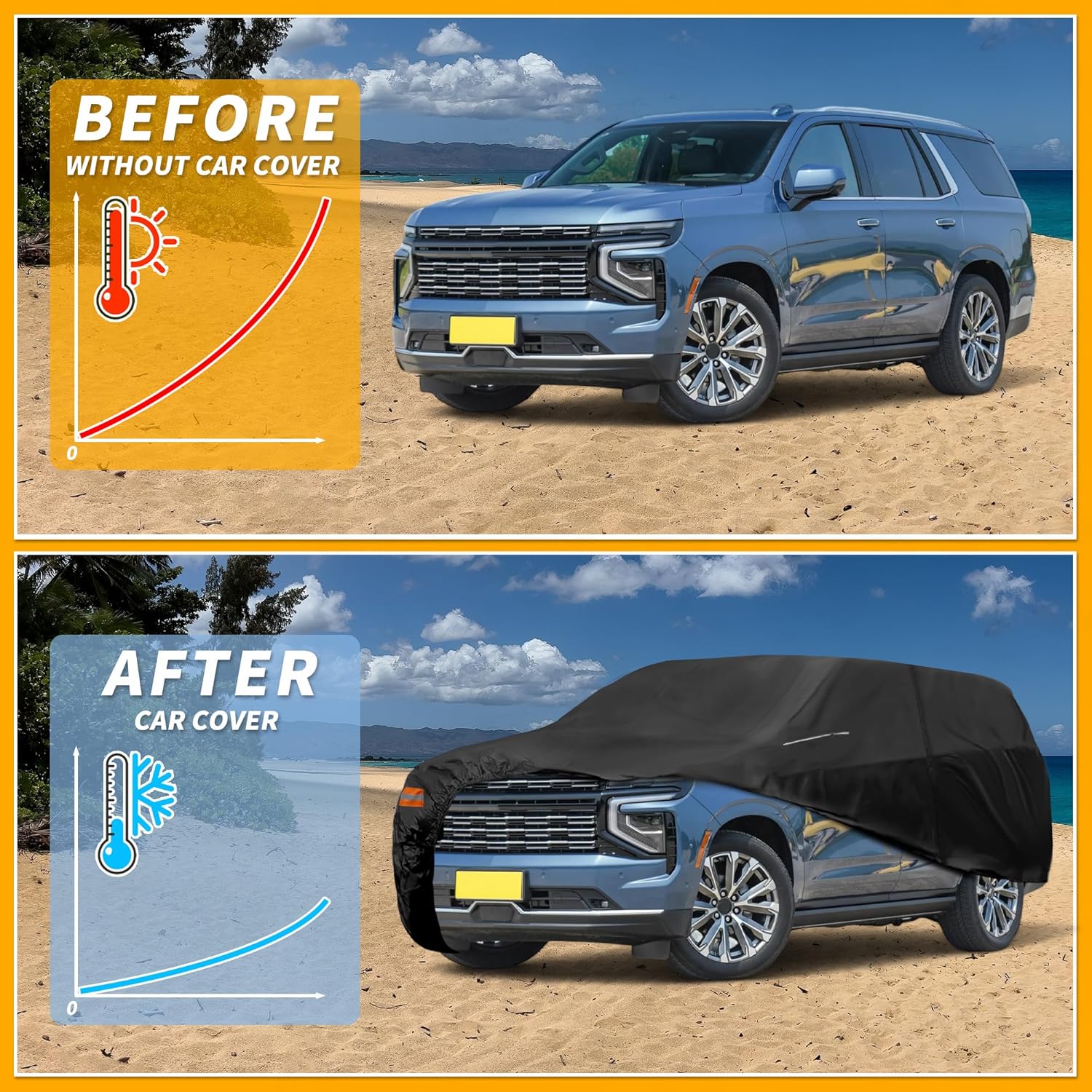 Car Cover Waterproof All Weather 210D-PU, UV Sun Rain Protection, for Chevrolet Tahoe 4DR, with Left Side Zipper & Mirror Pockets, Black