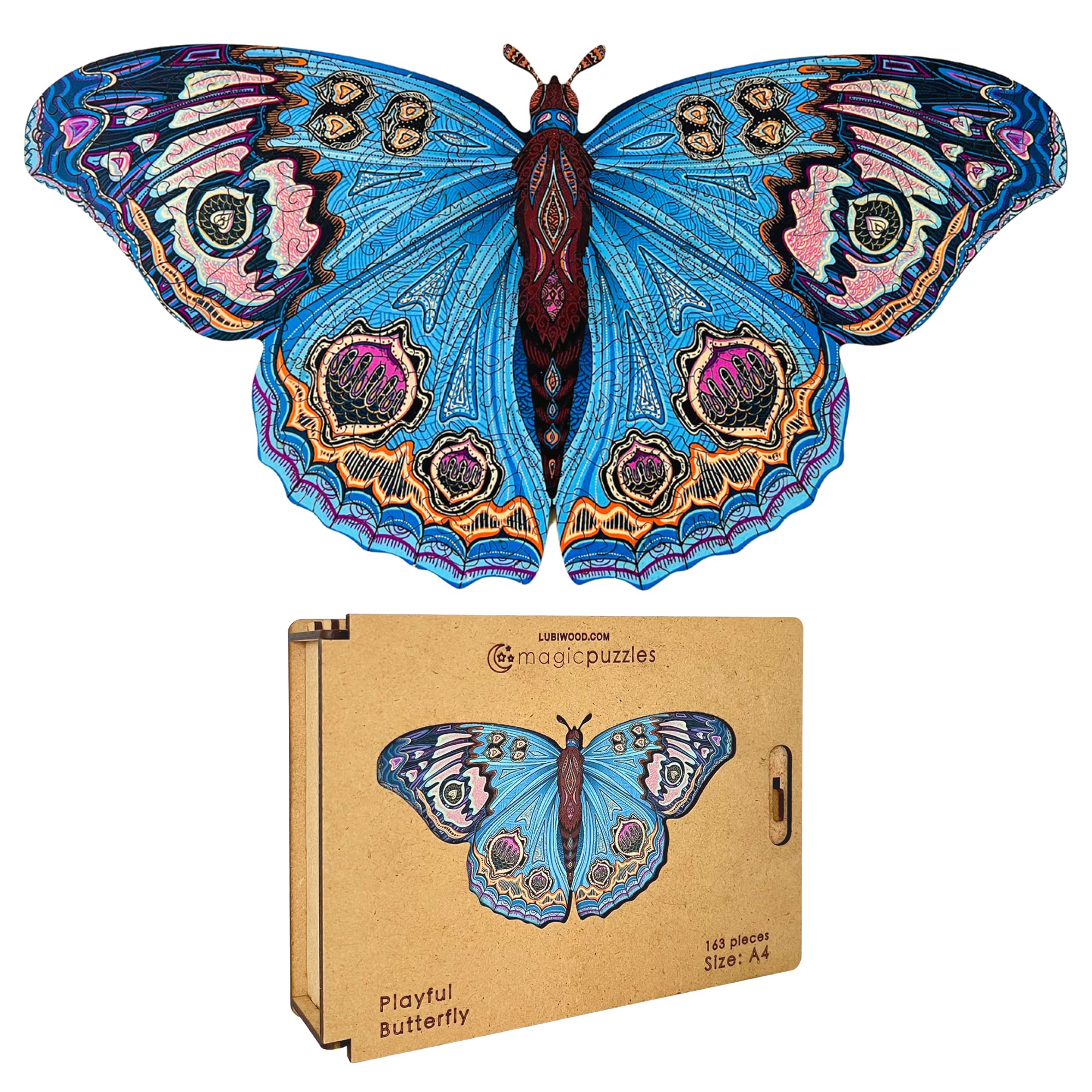 Lubiwood Playful Butterfly (42x29 cm) Unique Shaped Animal Wood Puzzle - Stimulates Observant Skills, Includes Wood Gift Box โ image 1