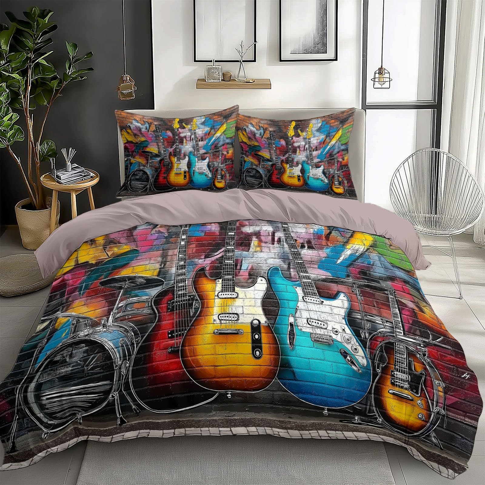 Dusty Rose California King Duvet Cover Graffiti Wall Guitar Instrument Color Cal King Bedding Set 3 Pieces, Soft and Breathable Microfiber Comforter Cover with 2 Pillow Shams, for All Season
