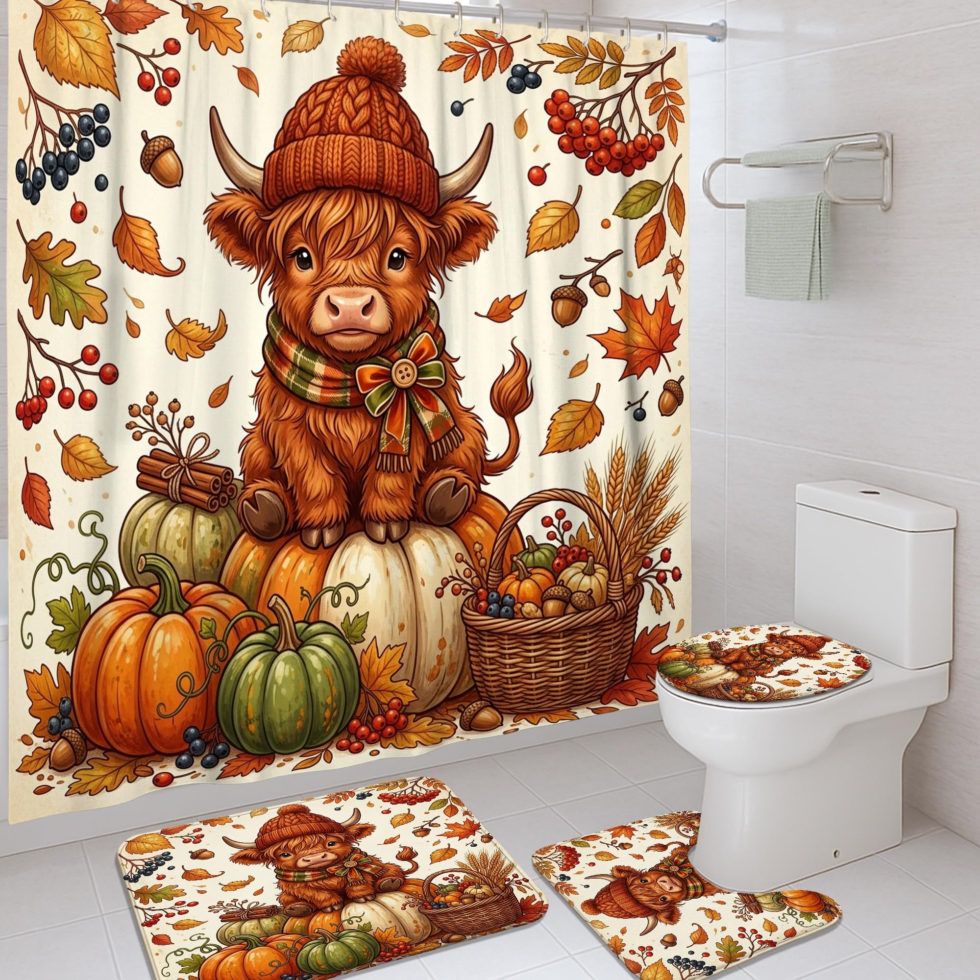 Rideau de douche rustique orange 183x183 avec ours et citrouilles pour baignoire automnale