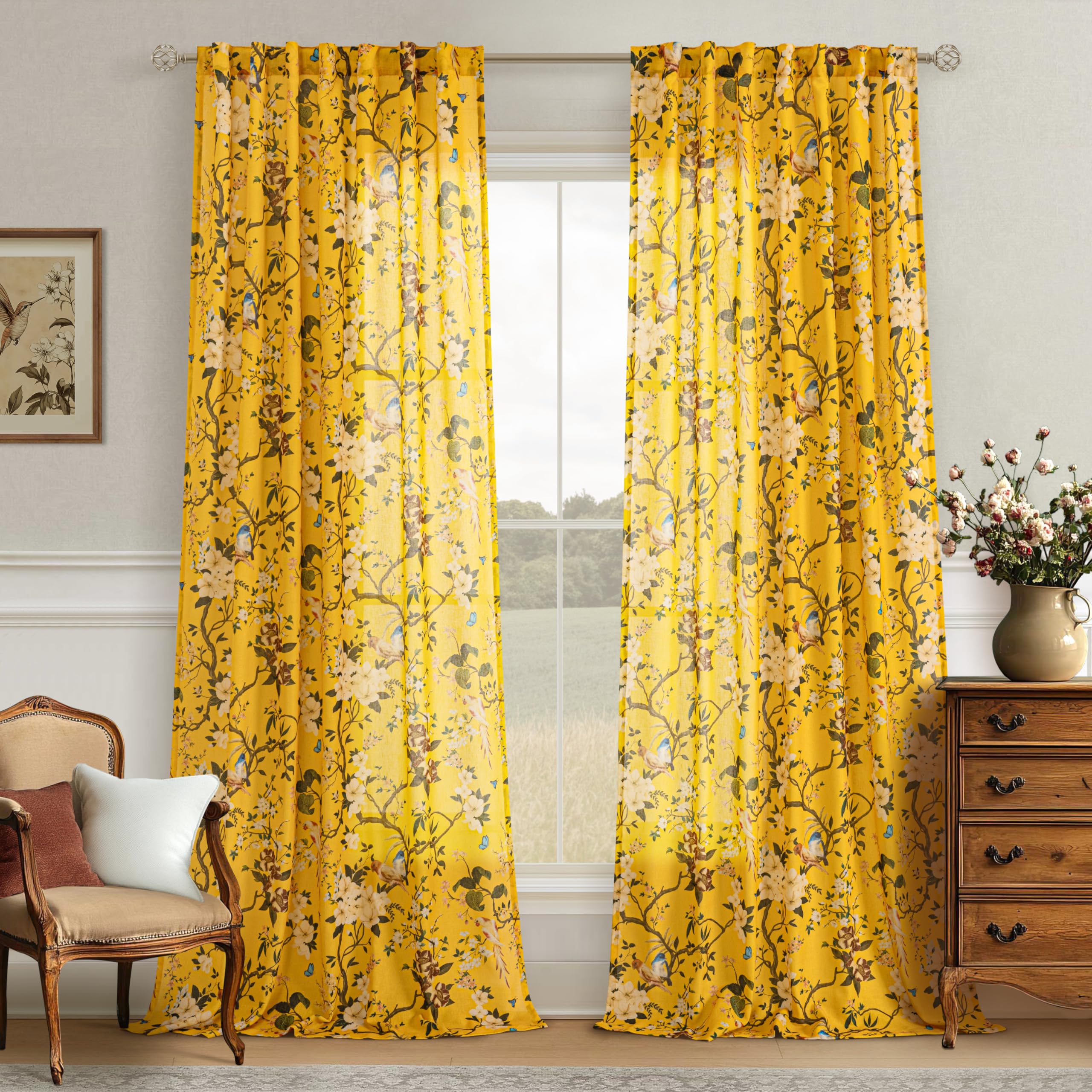 Mustard Yellow Semi Sheer Linen Floral Bird Curtains 108 Inch Length for Living Room 2 Panels Set Back Tab Leaf Butterfly Pattern Light Filtering Extra Long Drapes Country for Bedroom Dining 9 Ft