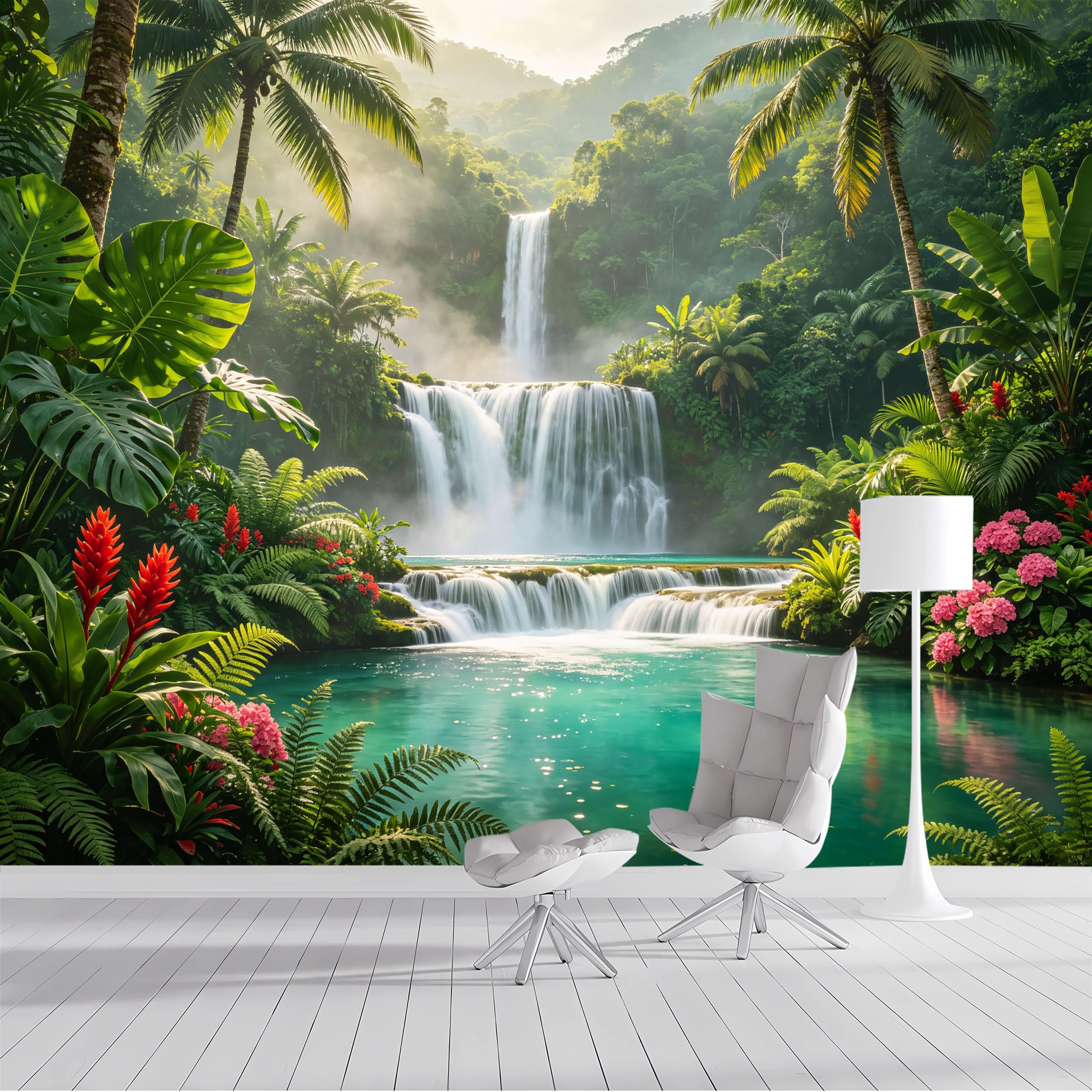 Yzpallescene Bh260711037 Custom Size Wall Mural Tropical Waterfall Jungle Landscape Selfadhesive Wall Fabric Removable Peel And Stick Wallpaper Wall Decor For Living Room Bedroom Bathroom