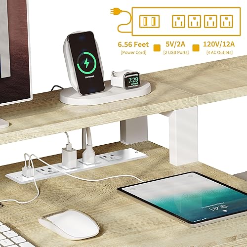 Miniatura 4 de DWVO Escritorio en forma de L con cajones, escritorio para computadora de 65 pulgadas con tomas de corriente y luces LED, escritorio de esquina para