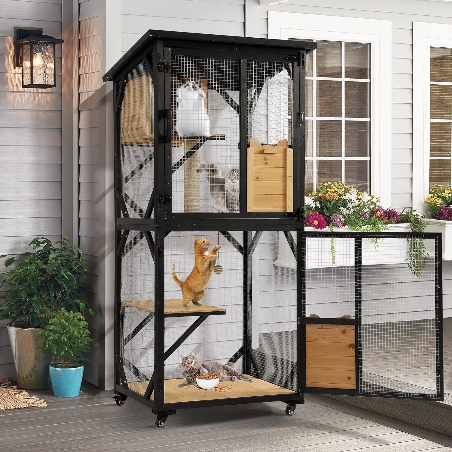 Catio Outdoor Cat Enclosure with Scratcher - 4-Tier Large Indoor Wooden Window Catio Cats House W/Asphalt Waterproof Roof, Wheels, Resting Box, Platforms, Kitten Toys Ball