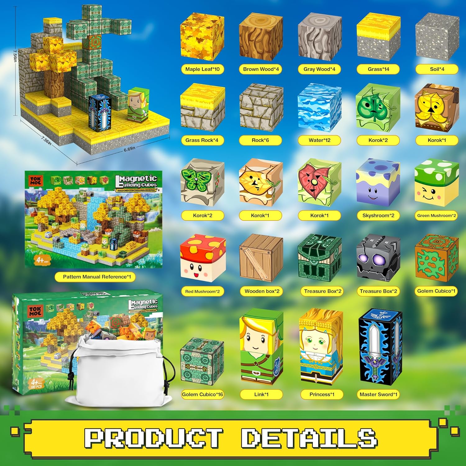 Magnetic Building Blocks for BOTW Fans, Koroks Magnet Cubes Blocks for Kids 5-7, STEM Building Game Sensory Outdoor Toys Christmas Birthday Gift for Boys&Girls, 100PCS