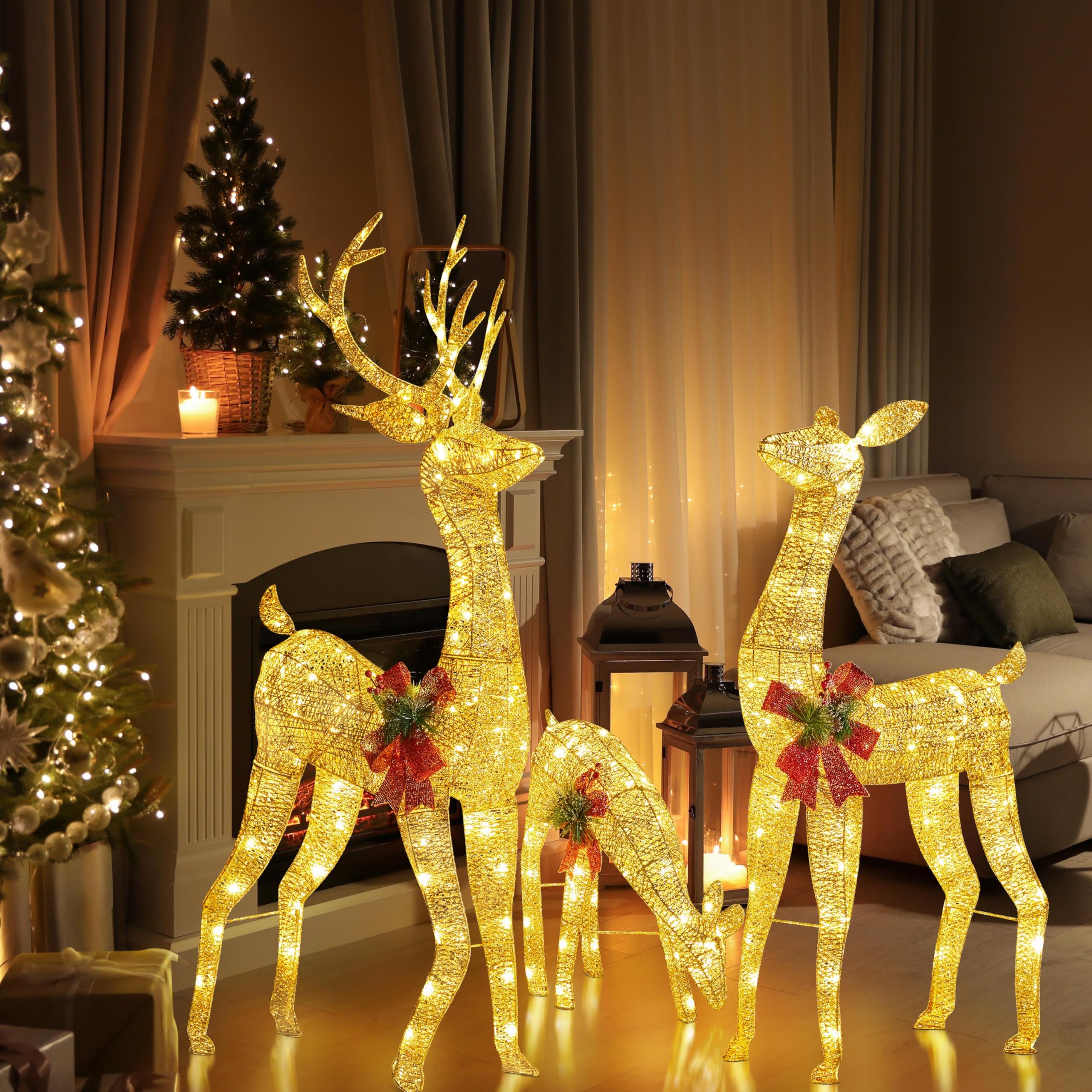 Yaheetech 3-Piece Lighted Deer Family, Reindeer Christmas Decoration with 360 LED Lights, Stakes, Zip Ties for Yard Patio Lawn Garden Party Xmas Decorations - Gold