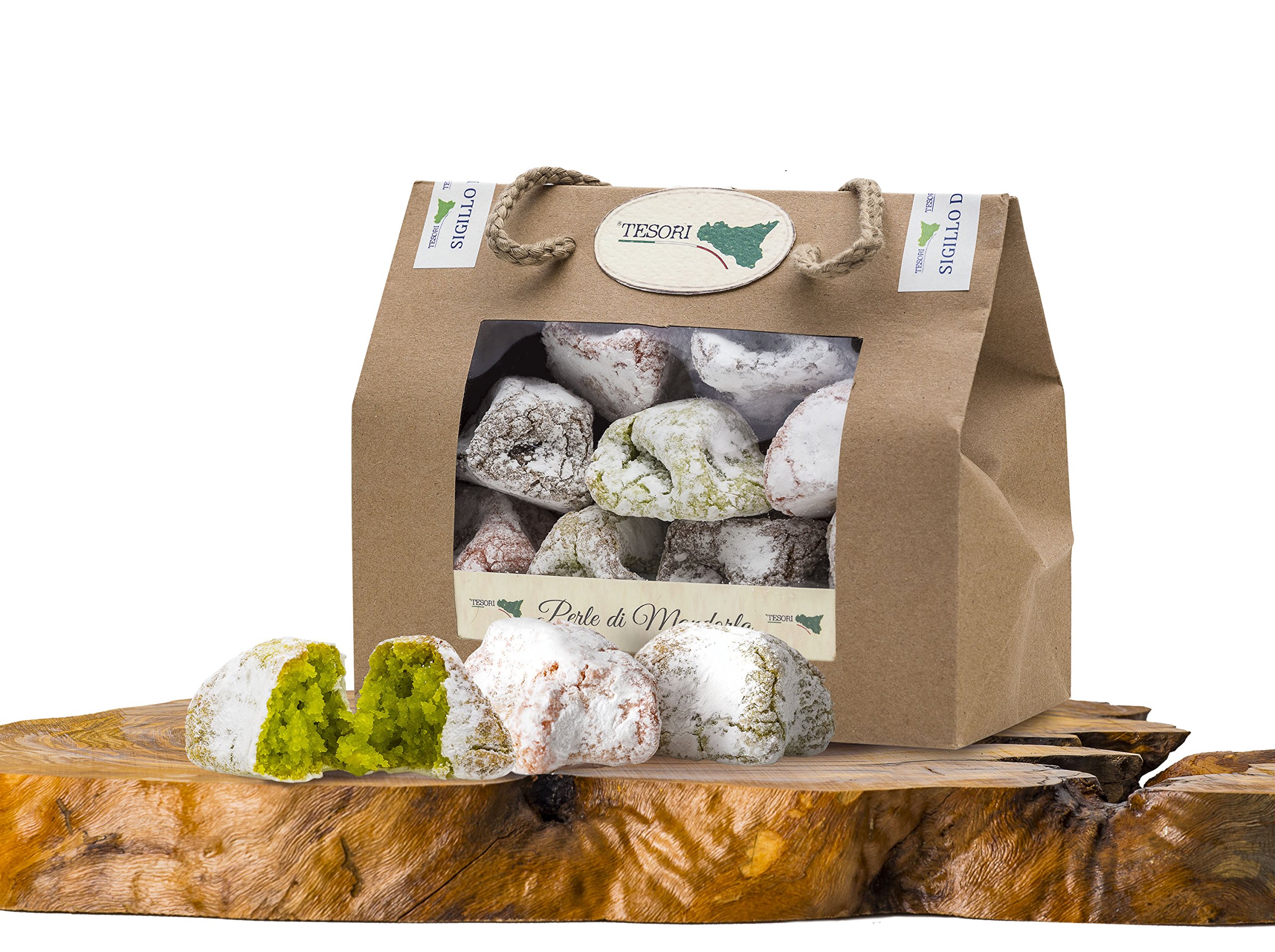 8 pezzi di Borsetta regalo in Cartone con Paste di Mandorla Siciliane Artigianali, confezionate in monoporzione gusti assortiti, dolci Siciliani alle mandorle, senza glutine, 200g