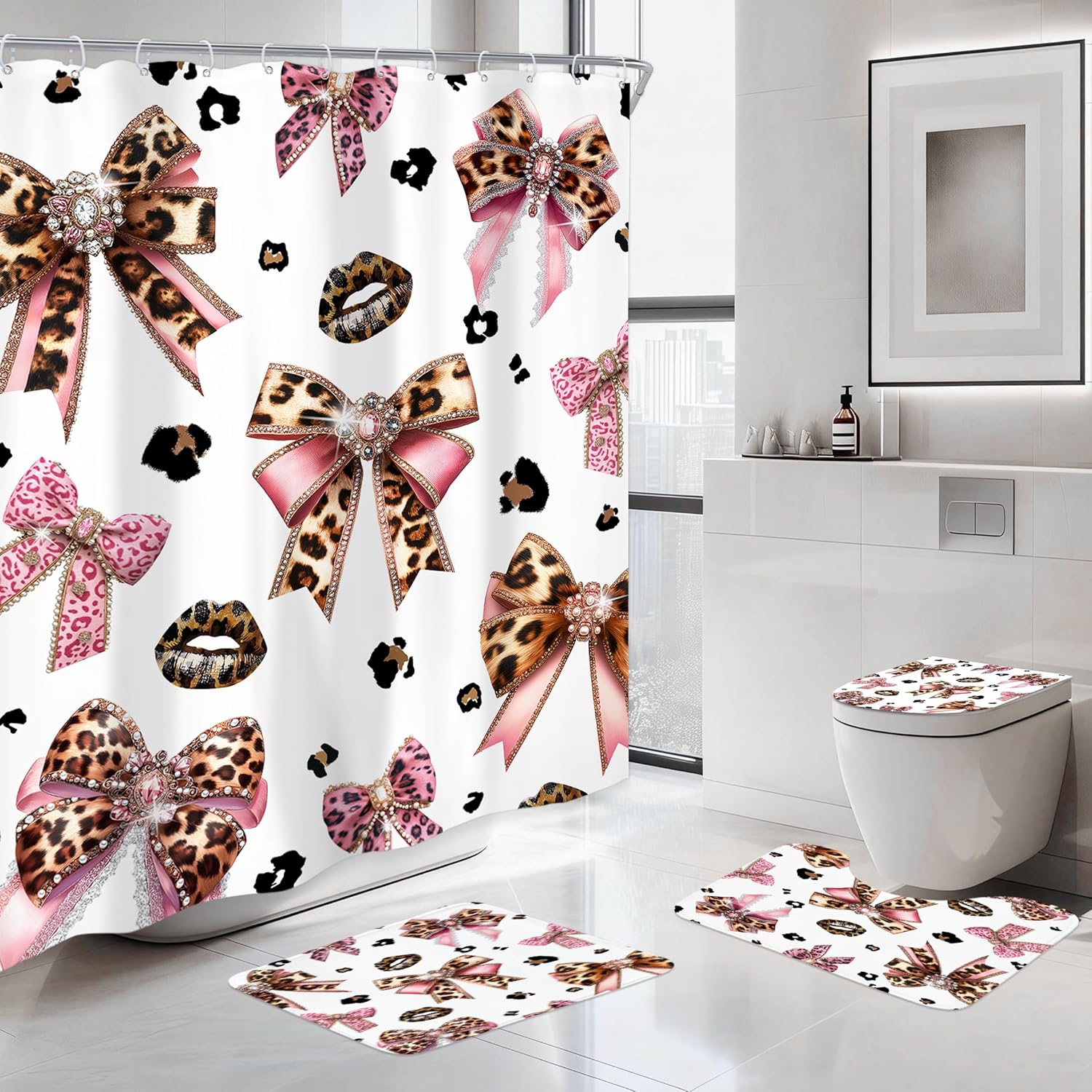 Newsely 4Pcs Leopard Print Bow Shower Curtain Set with Non-Slip Rugs, Toilet Lid Cover and Bath Mat,Bownot Brown Cheetah Vintage Shower Curtain Modern Bath Curtain for Bathroom Decor with 12 Hooks