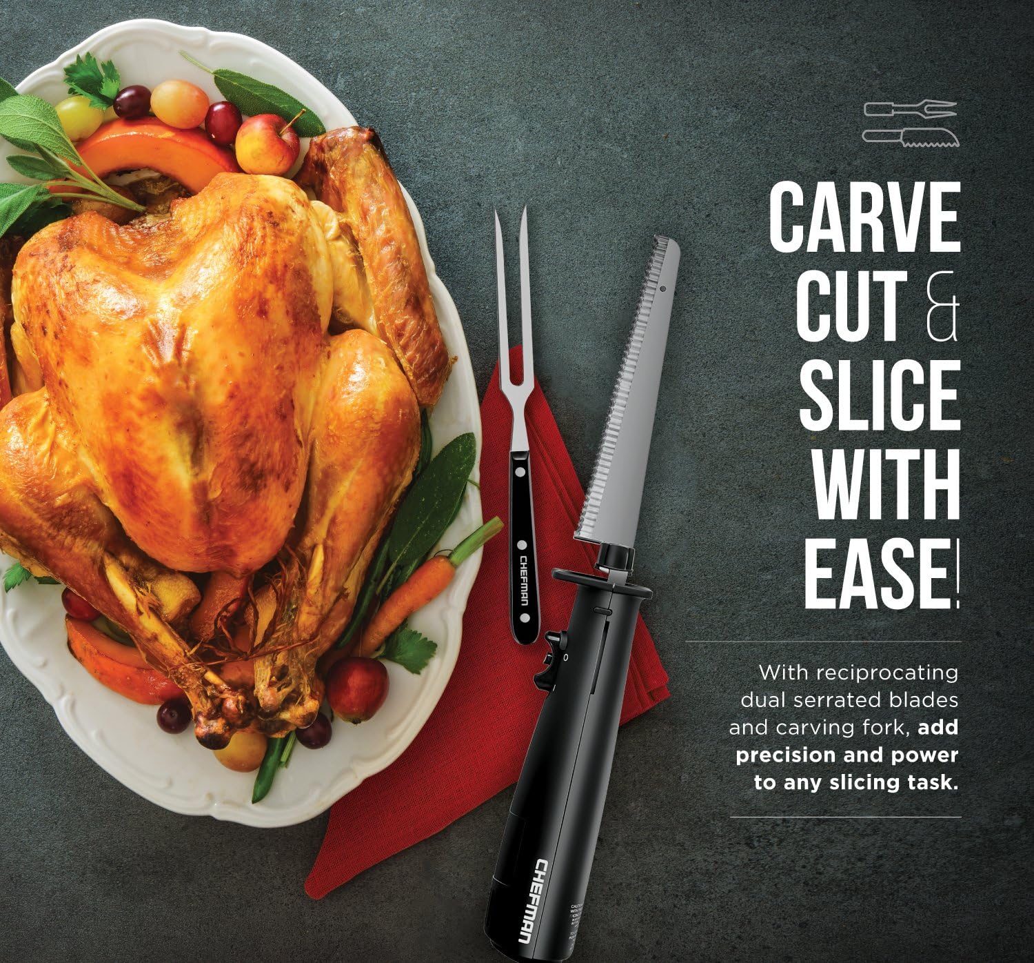 Chefman Electric Knife with Bonus Carving Fork & Space Saving Storage Case Included One Touch, Durable 8 Inch Stainless Steel Blades, Rubberized Black Handle, BPA Free, 120 Volts and Watts: Home & Kitchen
