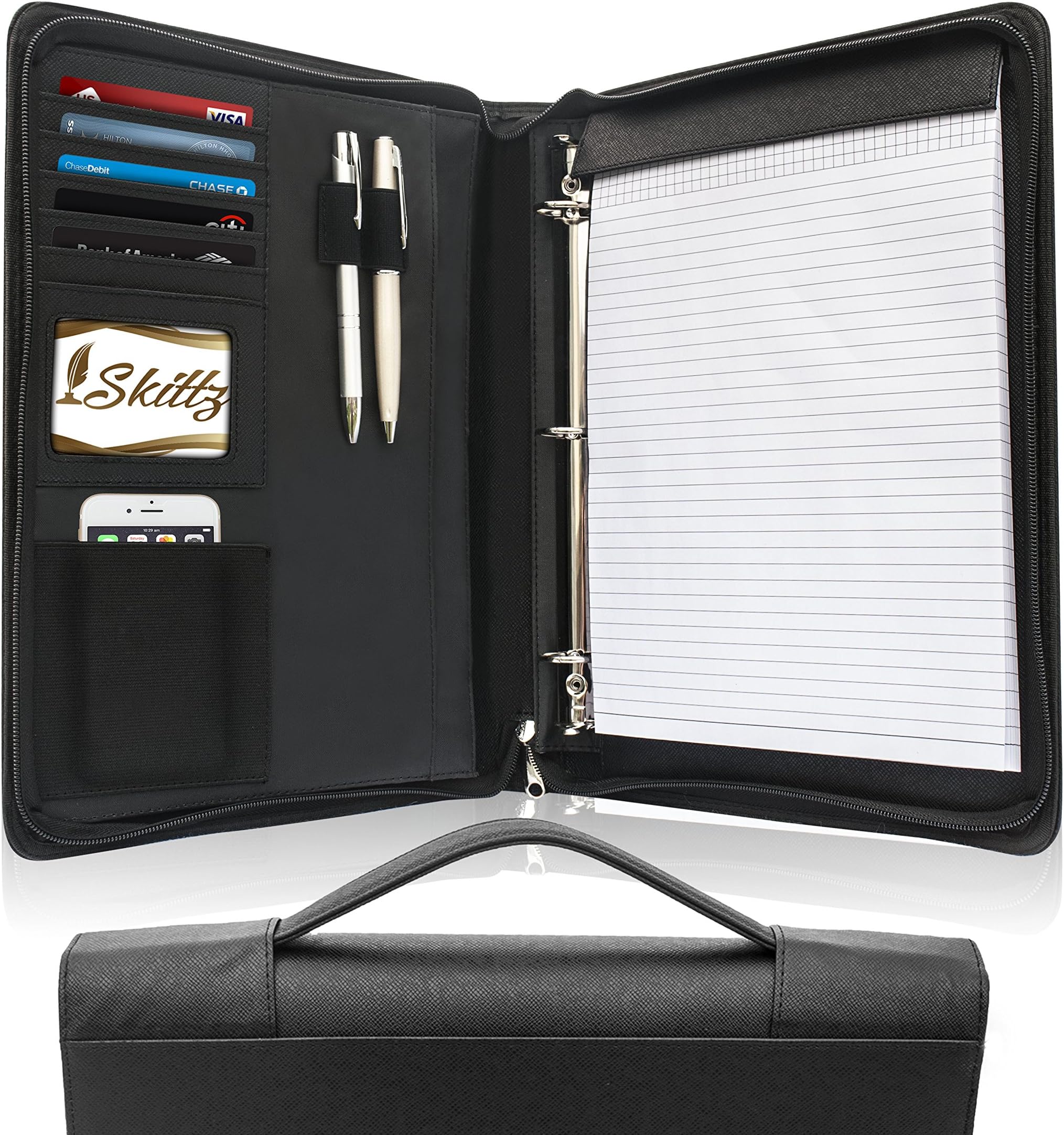 Skittz Leather Zippered Padfolio Business Portfolio with Carry Handle & Removable 3 Ring Organizer