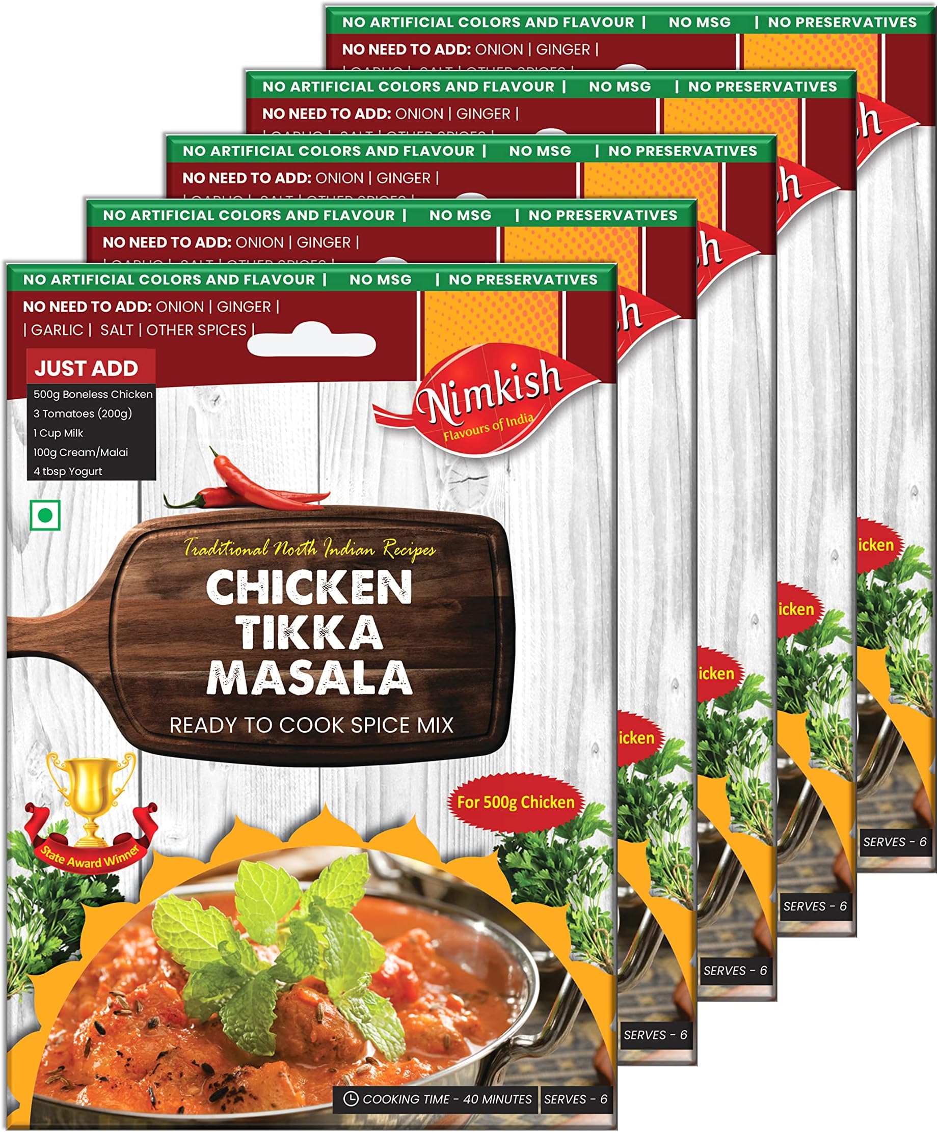 Nimkish Chicken Tikka Masala Pack of 5 (50g each) | Ready to Cook Spice Mix, Complete Premix | Grilled Chicken Curry Dishes | Coriander Cumin Chilli Turmeric Garam Masala Blend