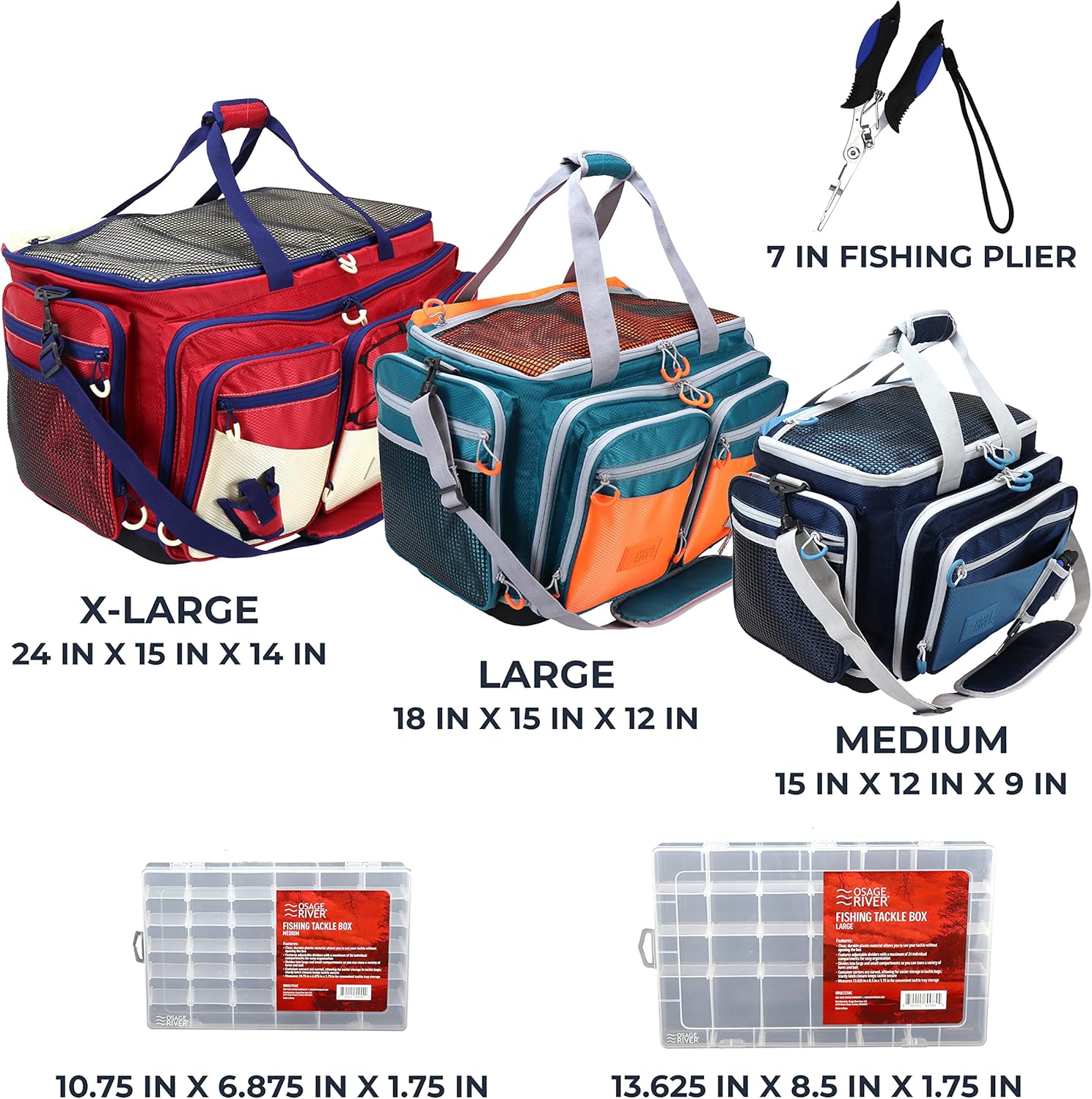 OSAGE RIVER Fishing Tackle Bag with Tackle Boxes, Saltwater Fishing Gear Bag, Tackle Box Organizer with Waterproof Non-Slip Bottom, Padded Shoulder Strap, and Fishing Pliers, Fishing Gifts for Men