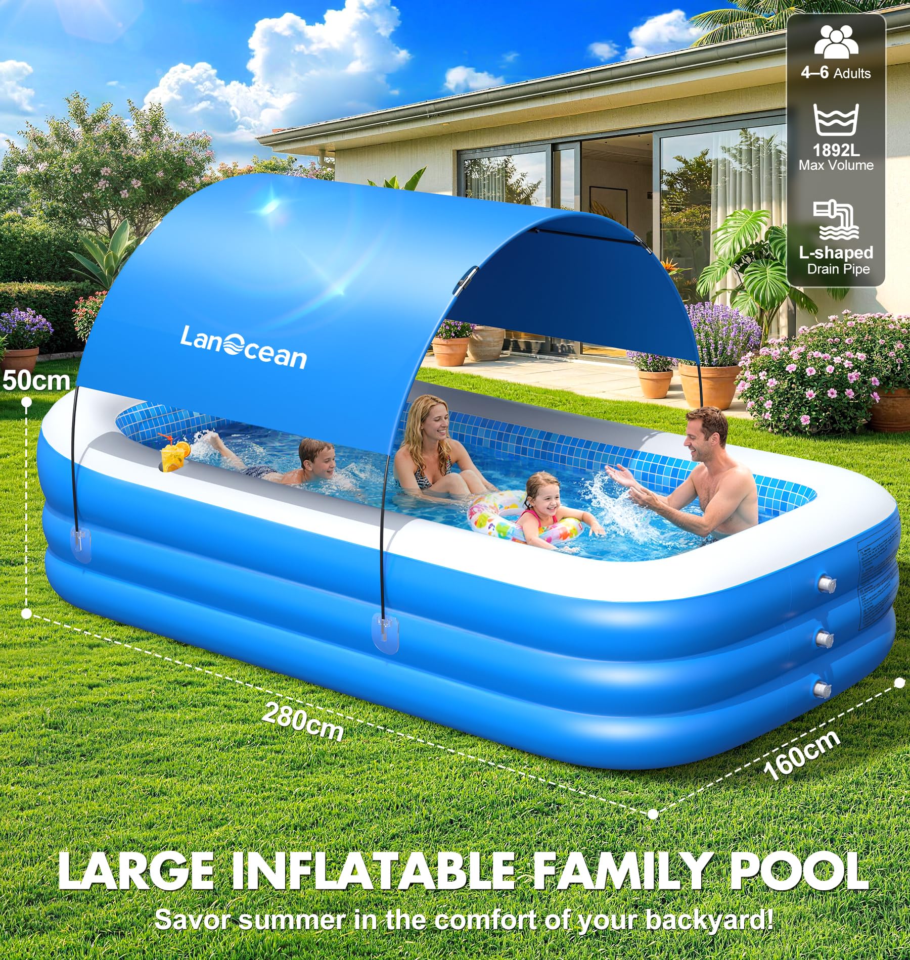 LanOcean Piscina Hinchable Adultos con Sombrilla, 280*160*50cm Piscinas Hinchables Grandes, 0,53mm Rectangular Piscina Hinchable infantil con Asiento y Portavasos, Piscinas Hinchables Familiar Jardin