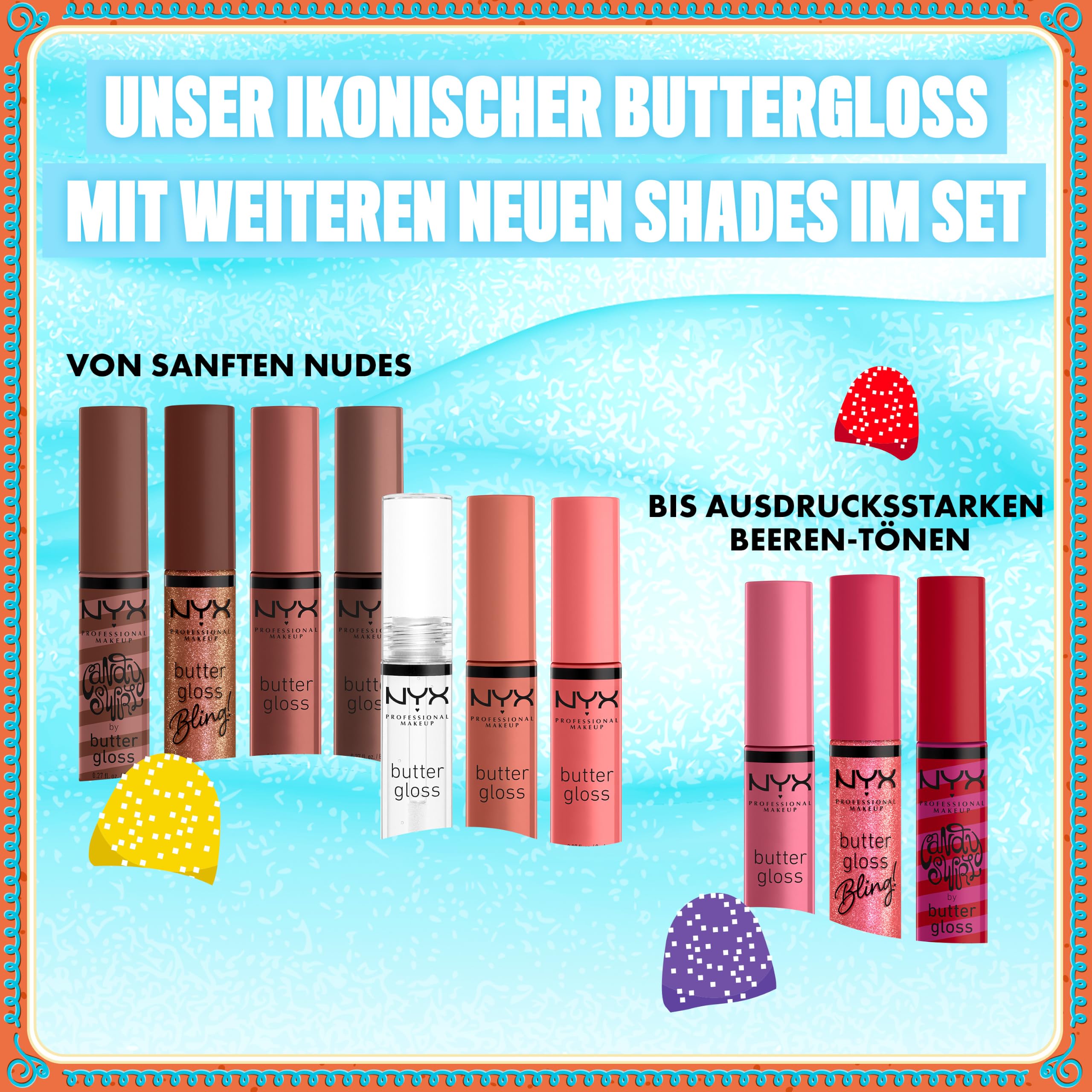 NYX Professional Makeup Butter Gloss Vault Lipglosse in Schneeflocken-Optik, Mit glänzendem Finish und nicht klebriger Formel, Butter Gloss Vault, 10 Stück