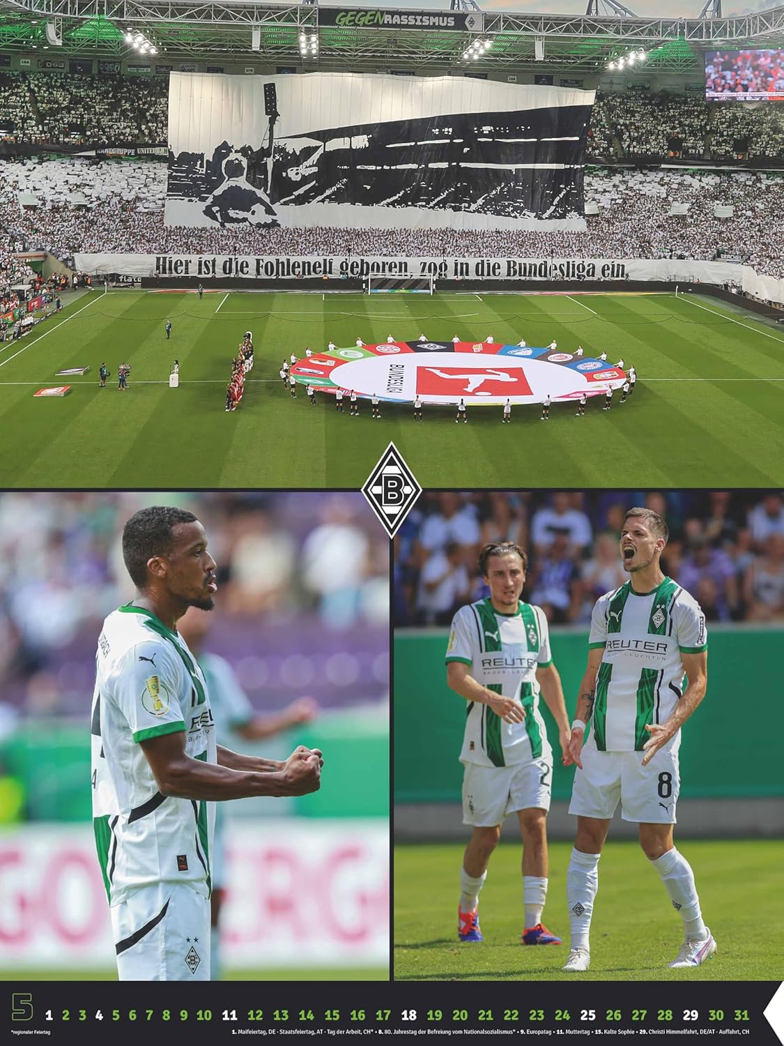 N NEUMANNVERLAGE - Borussia Mönchengladbach 2025 Poster Calendar, 48 x 64 cm, Football Calendar with Stars Motifs, Fan Calendar with Football Highlights, Spiral Bound and International Calendar