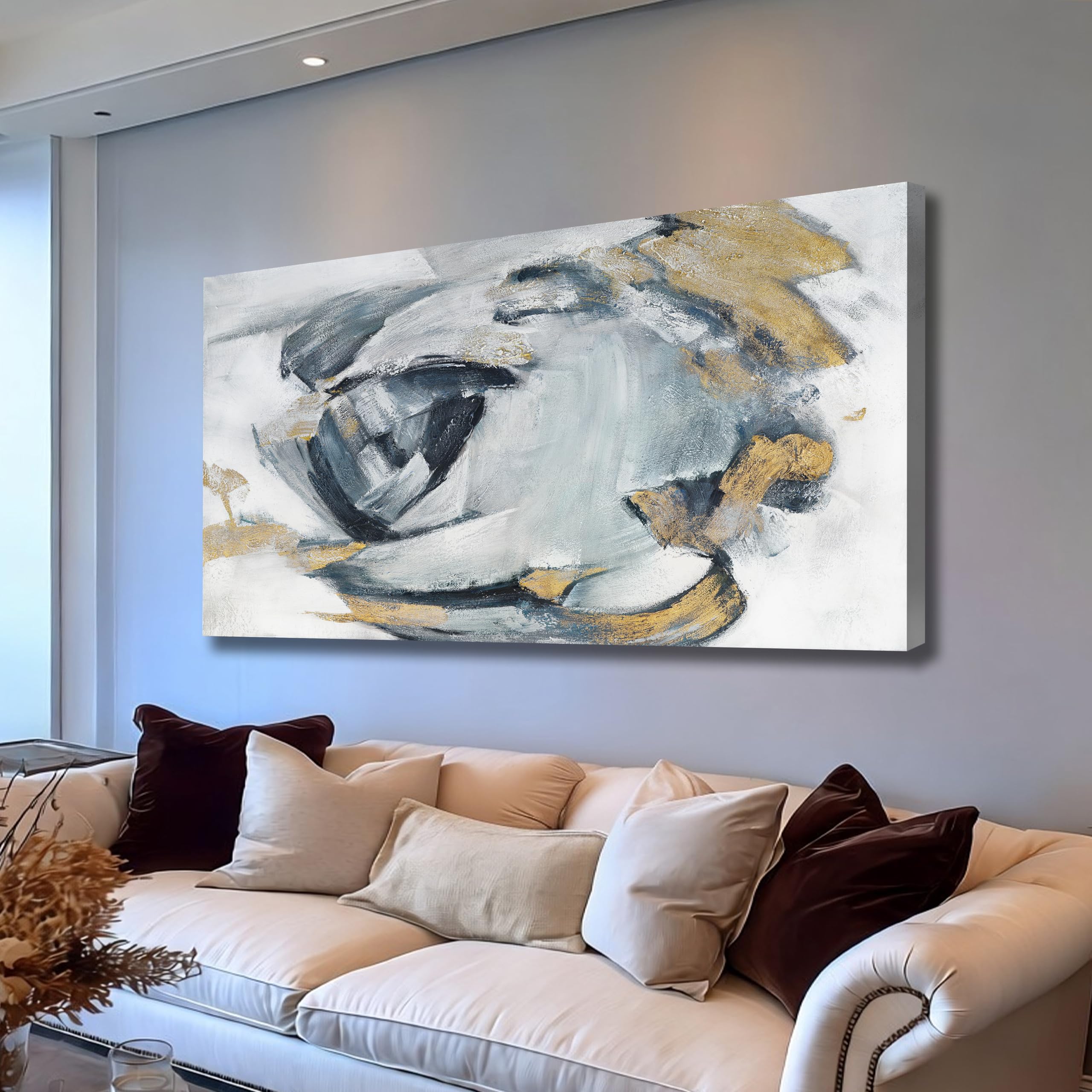 Photo 1 of Belmrxne White and Gold Wall Art Large Abstract Canvas Wall Art Trendy Artwork for Living Room Dining Room Bedroom Kitchen Home Decor 29x58 Inches