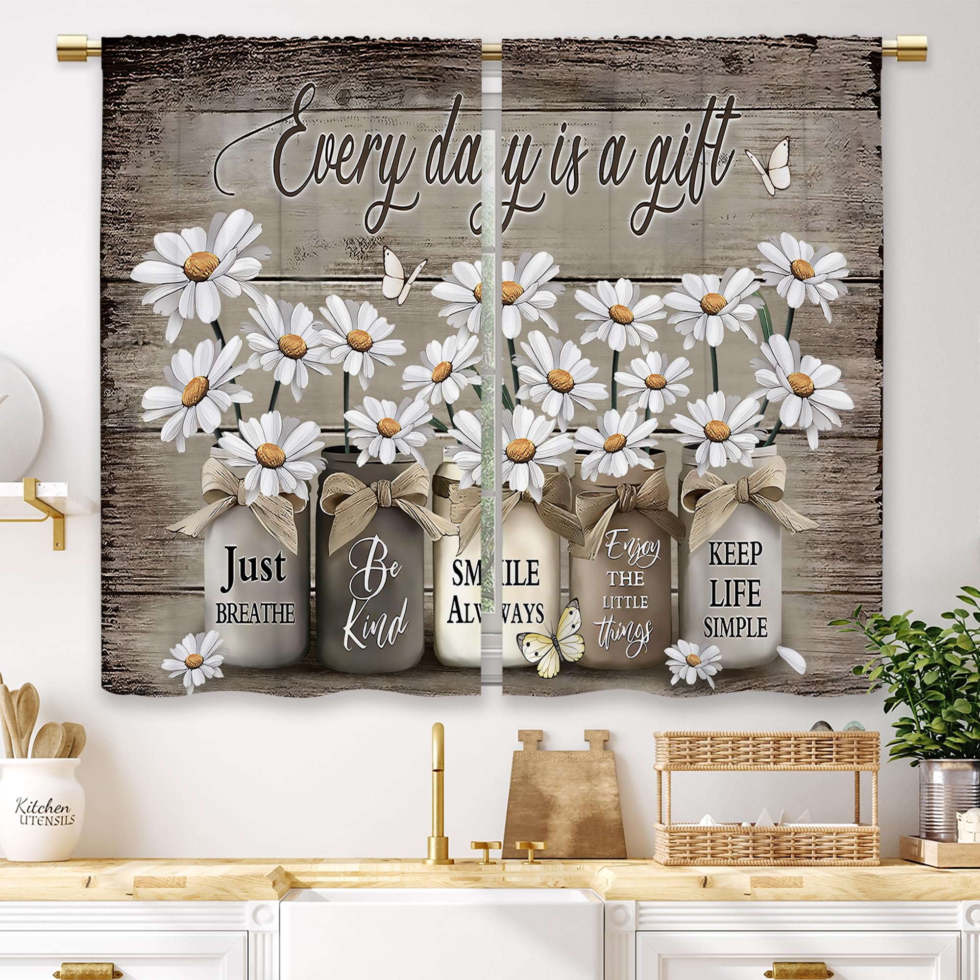 Laifzere Farmhouse Floral Kitchen Curtains Daisy Rustic Vintage Flower Inspirational Small Short Cafe Window Curtains Wooden Country Quotes Bathroom Tier Window Treatment Drapes (26x24 Inch) — image 1