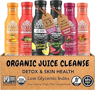 Karviva Organic Juice Cleanse & Skin Glowing Pack – Detox & Collagen Boost, Low-Sugar, High Fiber, Antioxidants & Vitamins – Ancient Remedies For Weight Control & Sugar Detox, 1–3 Day Use (6 BPA-Free Bottles, 12 oz each)