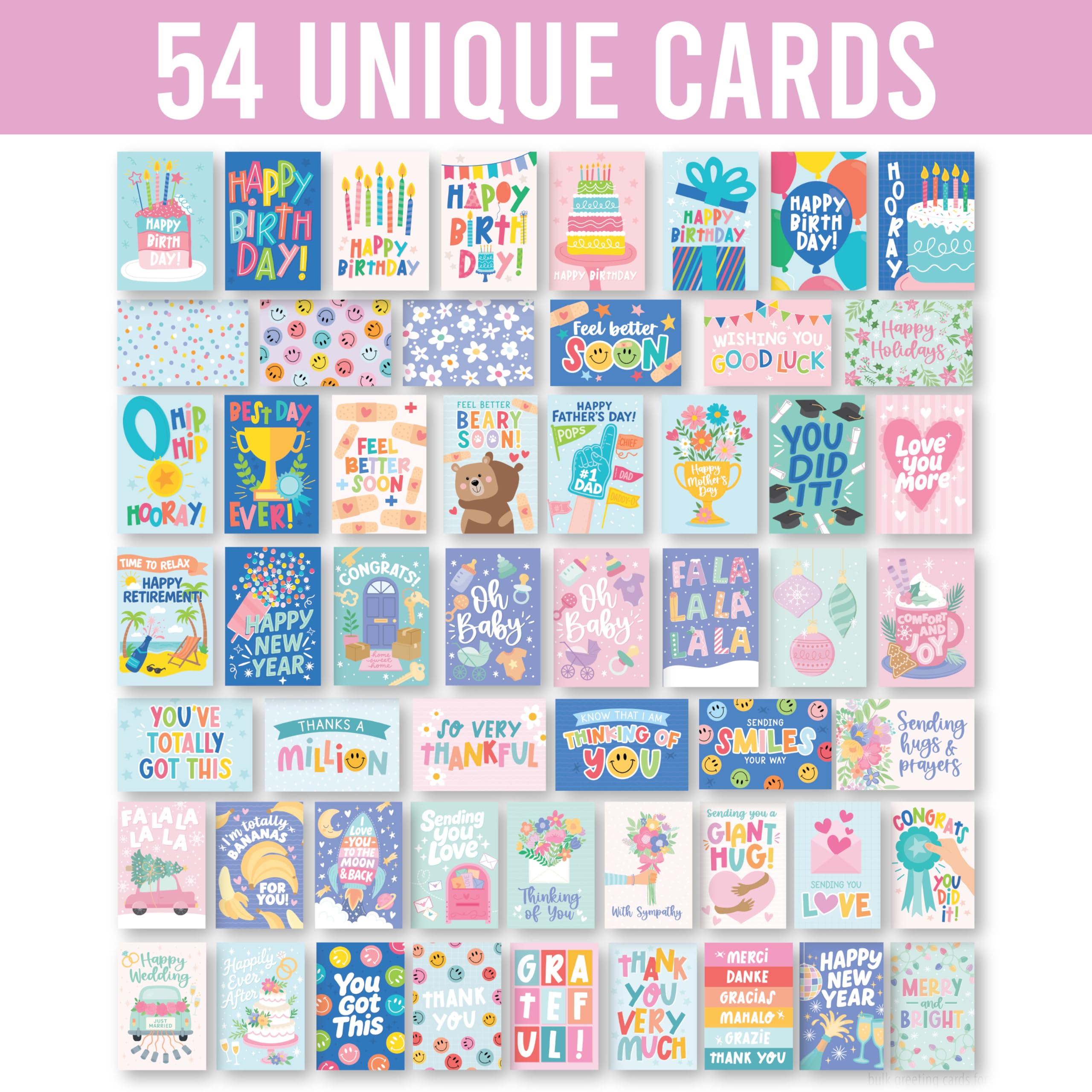 Hadley Designs Tarjetas surtidas con sobres para todas las ocasiones: 54 tarjetas de felicitación a granel para todas las ocasiones, surtido de tarjetas de felicitación mixtas, cumpleaños