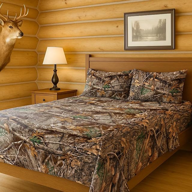 Northwest Realtree 4-Piece Queen Sheet Set, 1 Fitted Sheet, 1 Flat Sheet, 2 Pillowcases, Camo Bedding, Cabin Sheets, Realtree Edge