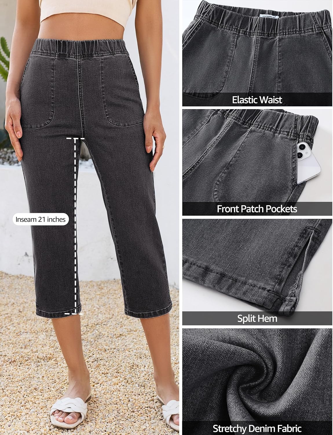 luvamia Capri Jeans for Women Trendy Pull On Elastic Waist High Rise Side Split Stretchy Relaxed Fit Denim Capris Pants - Image 4