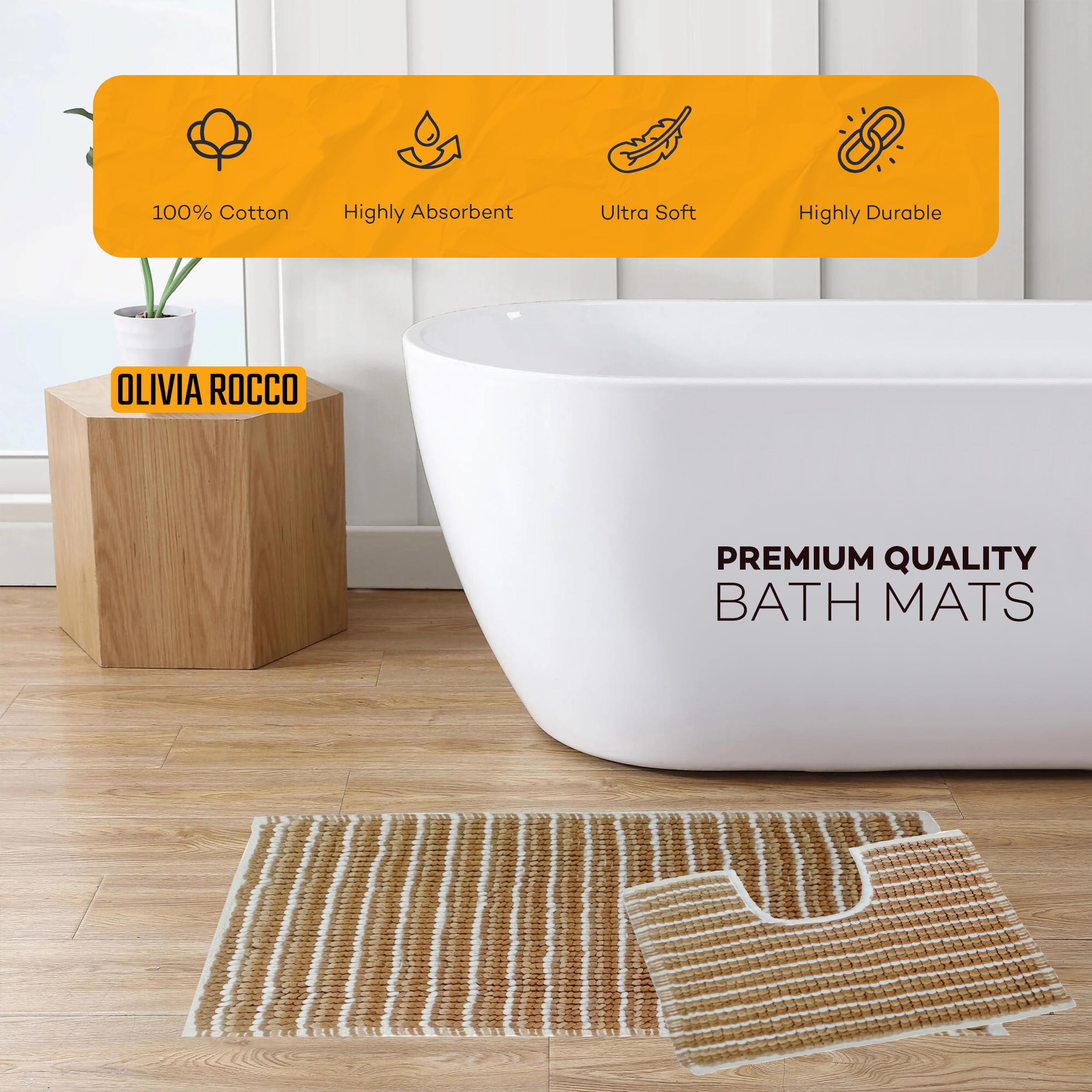 Olivia Rocco Amalfi 2 Piece Bath Mat Set Extra Soft Easy Care Plush Bath Rug + Toilet Mats Super Soft Cotton Water Absorbent Pedestal Bathmat for Bathroom Toilet Shower Natural - Image 4