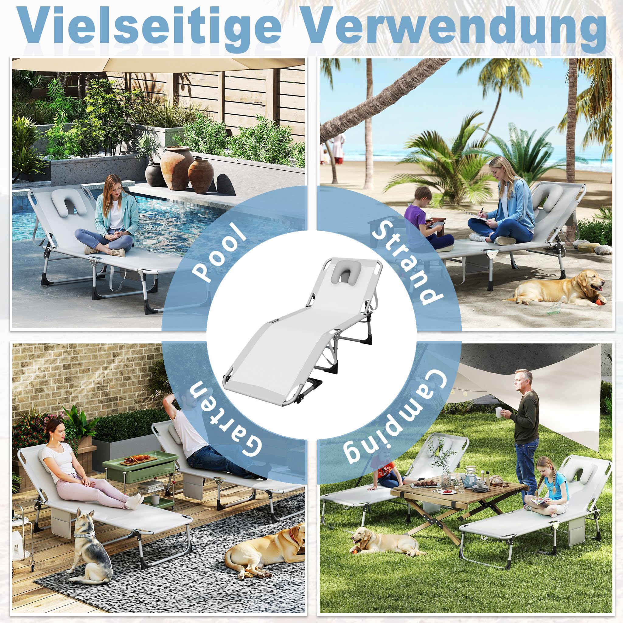 UISEBRT Faltbarer Sonnenliege 190cm – 4-Fach verstellbar Gartenliege mit Gesichtsausschnitt & abnehmbarem Kopfkissen,Liegestuhl belastbar bis 160kg mit Seitentasche für Pool Camping Terrasse,Hellgrau