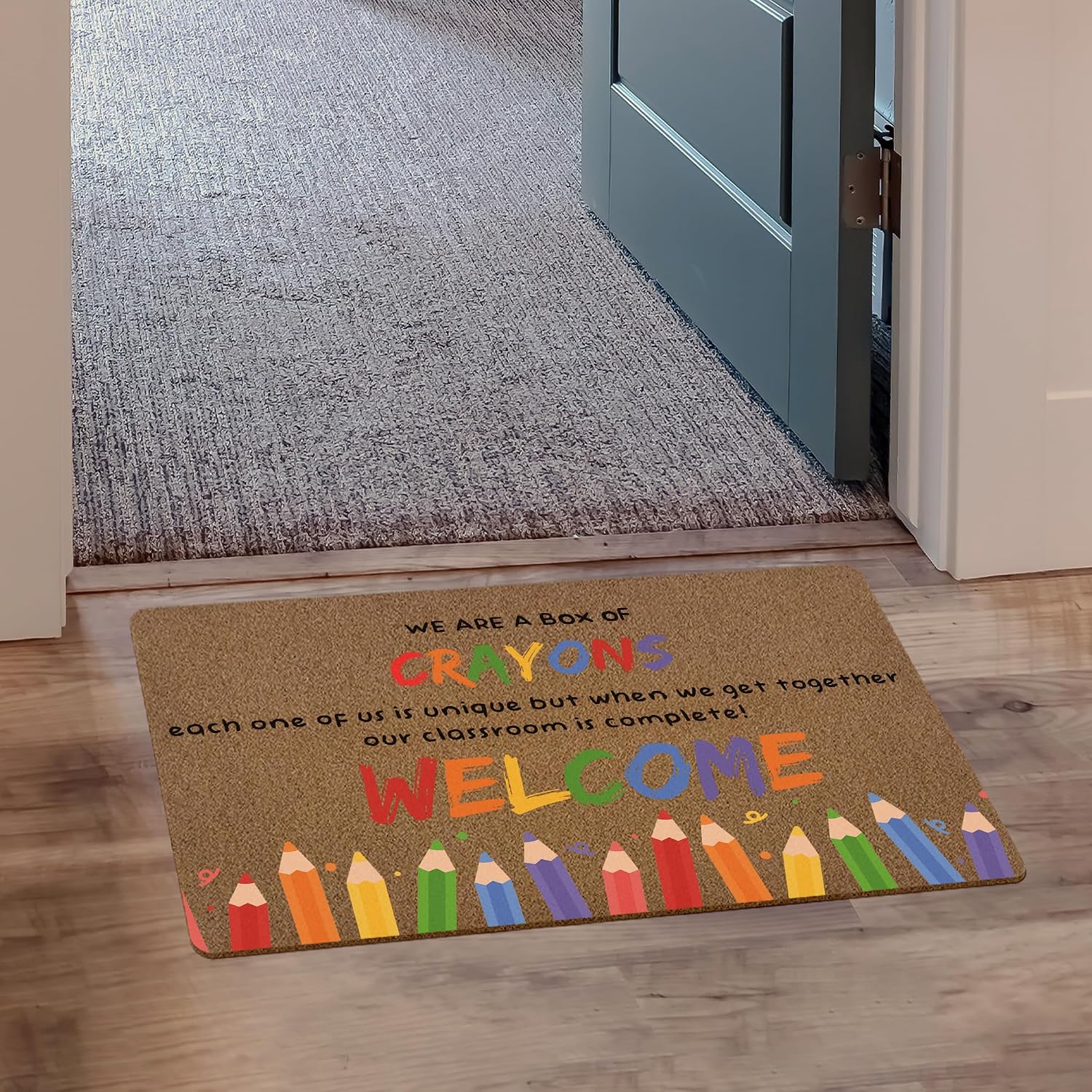 Classroom Crayon Welcome Door Mat, Funky Classroom Kids Artificial Coir Front Door Mat Indoor Outdoor Entrance, Trendy Preppy School Doormat Rug for Porch Entryway Patio Decor,17X30 Inch